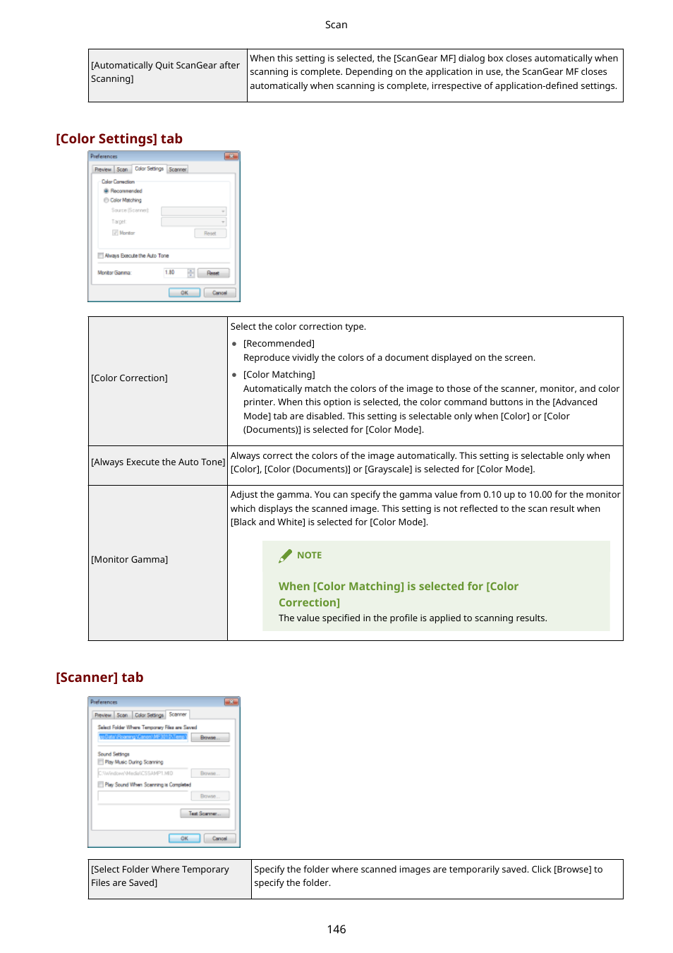 Color settings] tab, Scanner] tab | Canon imageCLASS MF3010 VP Multifunction Monochrome Laser Printer User Manual | Page 151 / 247