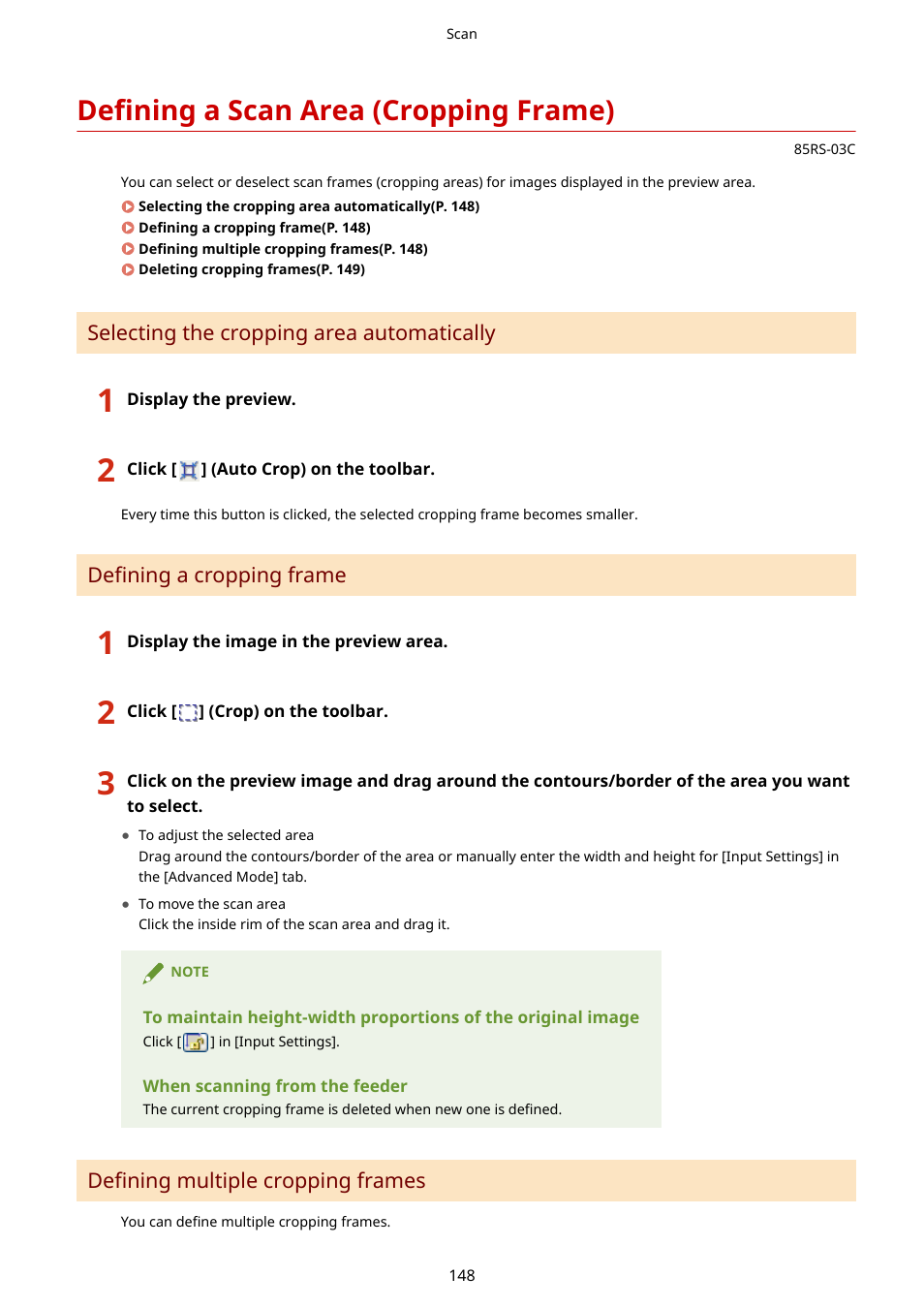 Defining a scan area (cropping frame), Defining a scan area (cropping frame)(p. 148) | Canon imageCLASS MF3010 VP Multifunction Monochrome Laser Printer User Manual | Page 153 / 247