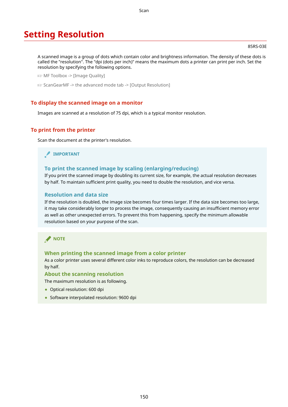 Setting resolution, Setting resolution(p. 150) | Canon imageCLASS MF3010 VP Multifunction Monochrome Laser Printer User Manual | Page 155 / 247