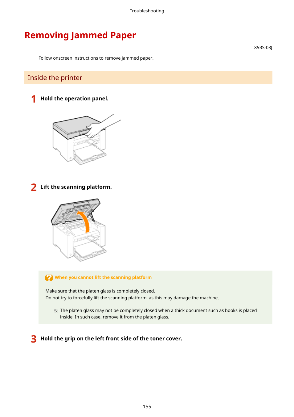 Removing jammed paper, Removing jammed paper(p. 155) | Canon imageCLASS MF3010 VP Multifunction Monochrome Laser Printer User Manual | Page 160 / 247