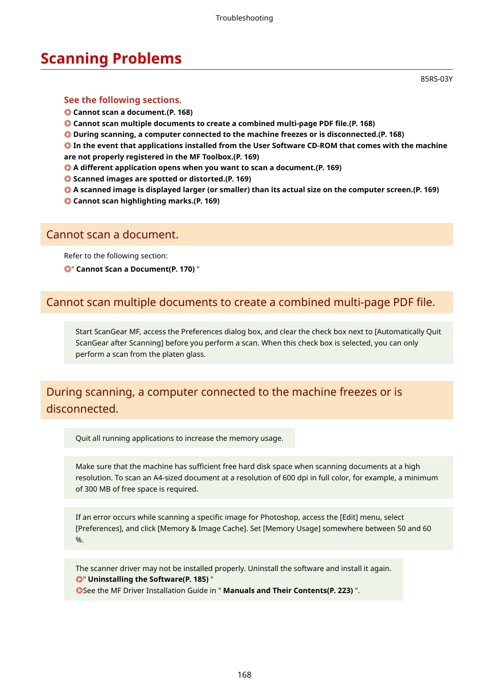 Scanning problems, Scanning problems(p. 168), Cannot scan a document | Canon imageCLASS MF3010 VP Multifunction Monochrome Laser Printer User Manual | Page 173 / 247