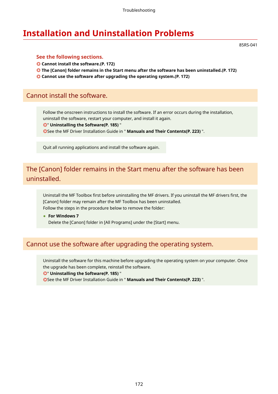 Installation and uninstallation problems, Installation and uninstallation problems(p. 172), Cannot install the software | Canon imageCLASS MF3010 VP Multifunction Monochrome Laser Printer User Manual | Page 177 / 247