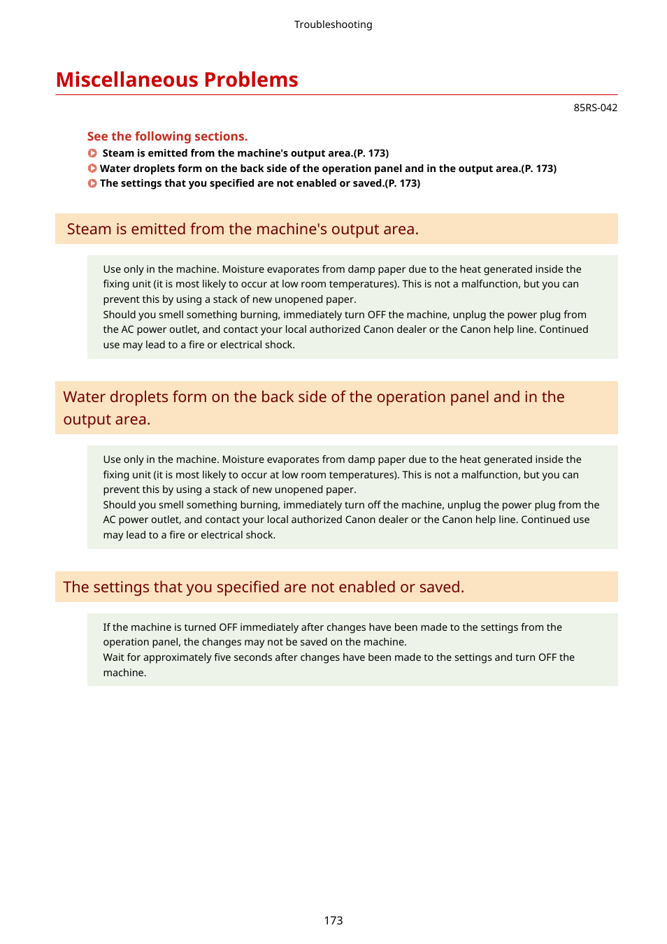 Miscellaneous problems, Miscellaneous problems(p. 173), Steam is emitted from the machine's output area | Canon imageCLASS MF3010 VP Multifunction Monochrome Laser Printer User Manual | Page 178 / 247