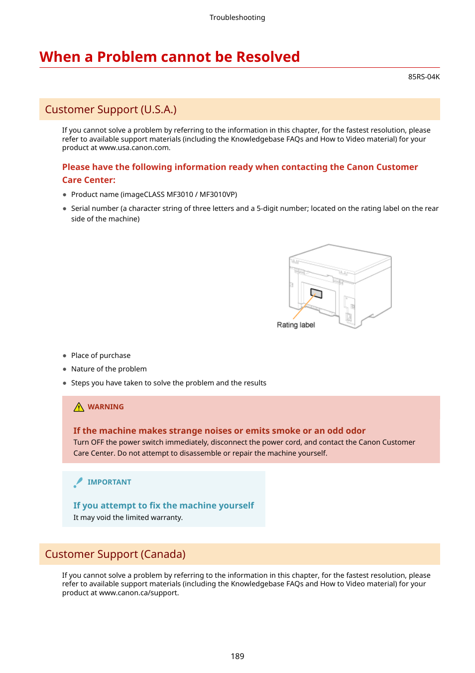 When a problem cannot be resolved, See " when a problem cannot be resolved(p. 189), Customer support (u.s.a.) | Customer support (canada) | Canon imageCLASS MF3010 VP Multifunction Monochrome Laser Printer User Manual | Page 194 / 247