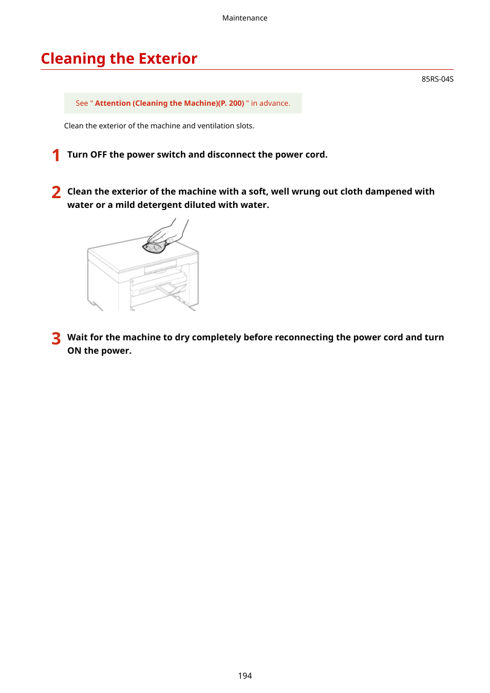 Cleaning the exterior, See " cleaning the exterior(p. 194), Cleaning the exterior(p. 194) | Canon imageCLASS MF3010 VP Multifunction Monochrome Laser Printer User Manual | Page 199 / 247