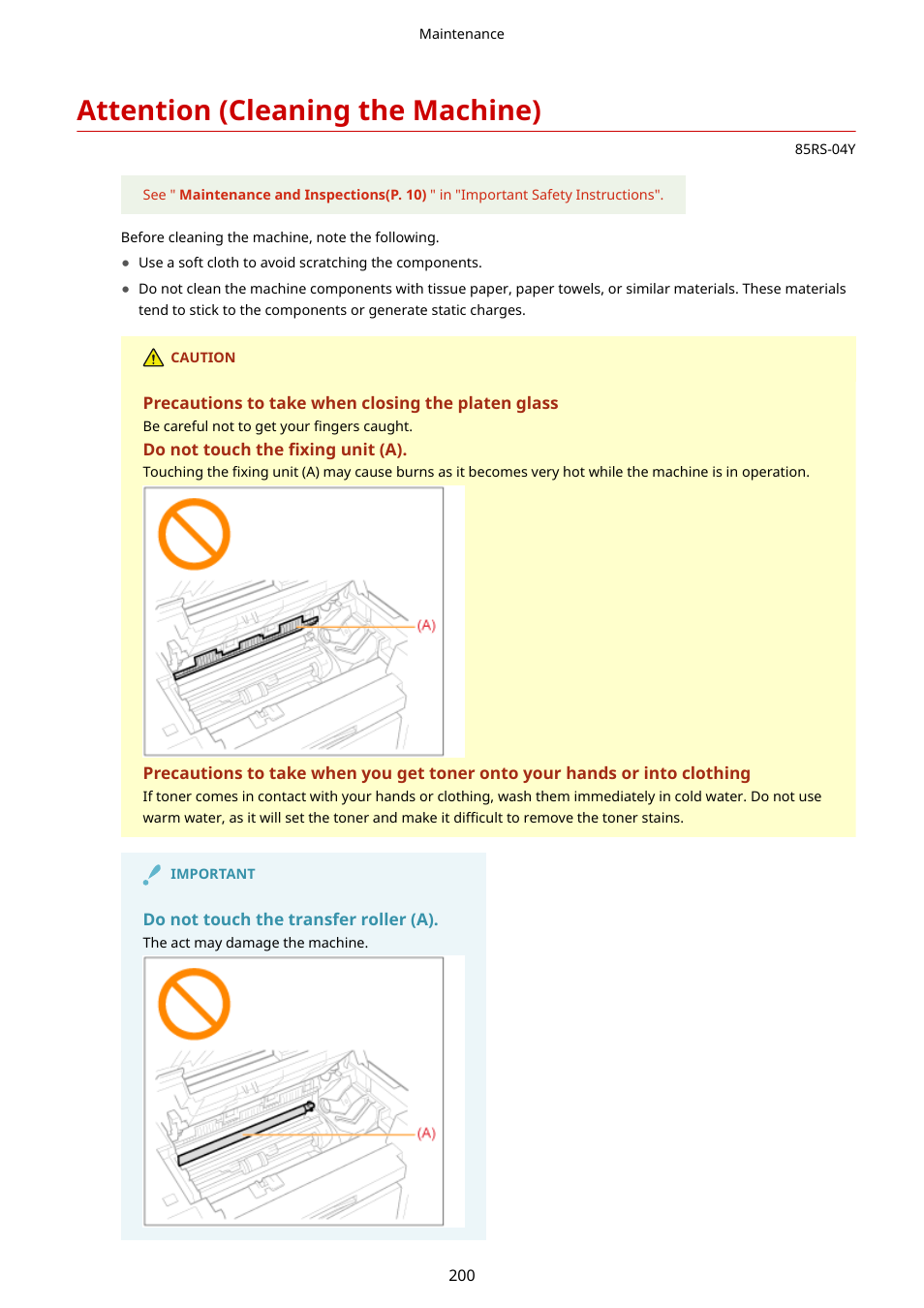 Attention (cleaning the machine) | Canon imageCLASS MF3010 VP Multifunction Monochrome Laser Printer User Manual | Page 205 / 247