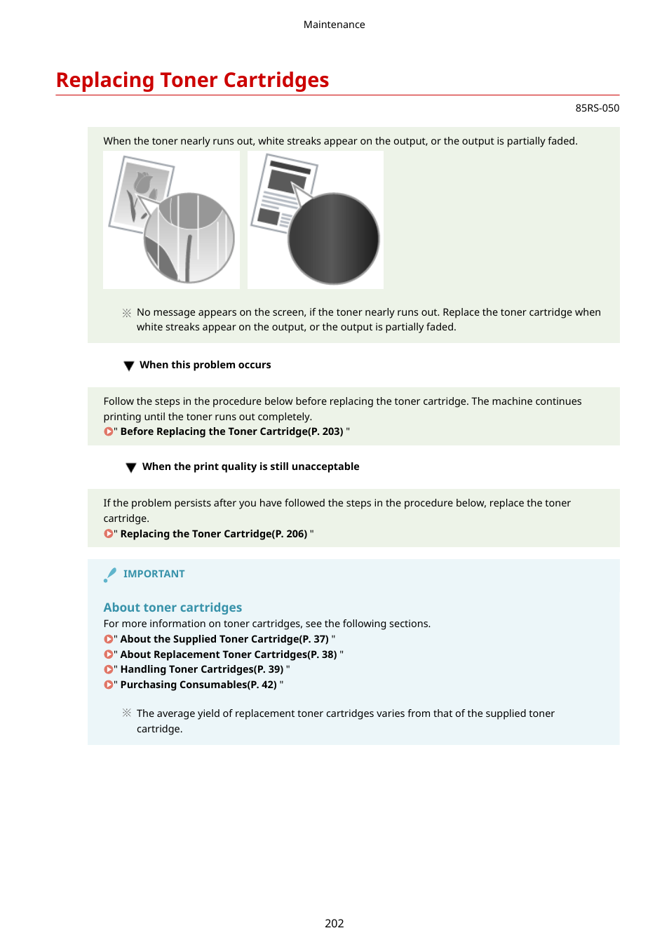 Replacing toner cartridges, Replacing toner, Cartridges(p. 202) | See " replacing toner cartridges(p. 202) | Canon imageCLASS MF3010 VP Multifunction Monochrome Laser Printer User Manual | Page 207 / 247