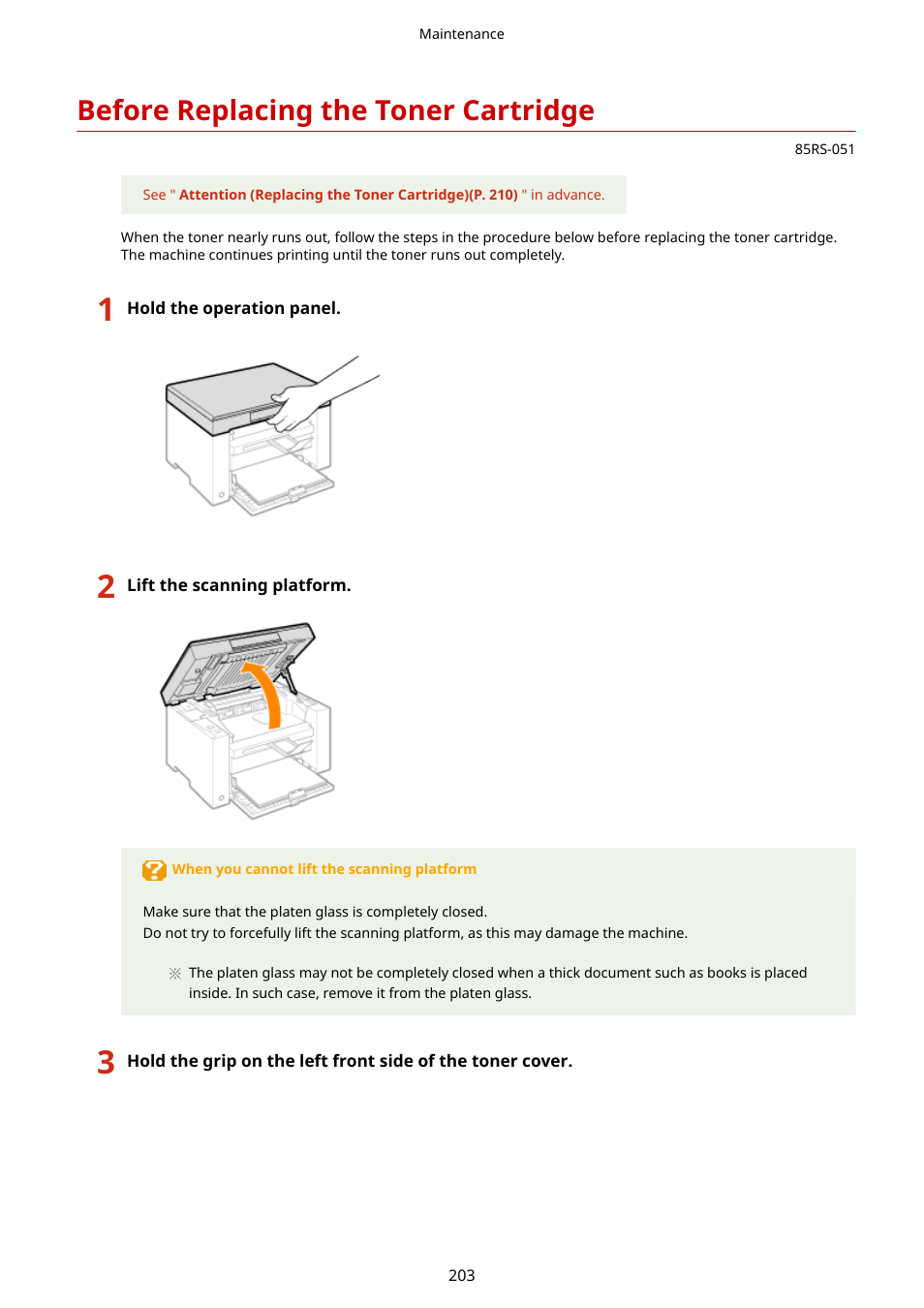 Before replacing the toner cartridge, Before replacing the toner cartridge(p. 203) | Canon imageCLASS MF3010 VP Multifunction Monochrome Laser Printer User Manual | Page 208 / 247