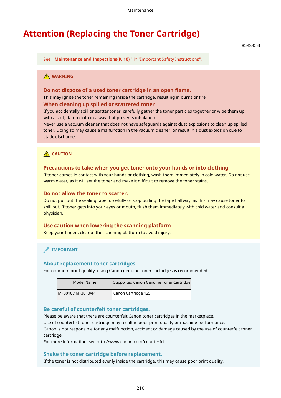 Attention (replacing the toner cartridge), Attention (replacing the, Toner cartridge)(p. 210) | Canon imageCLASS MF3010 VP Multifunction Monochrome Laser Printer User Manual | Page 215 / 247