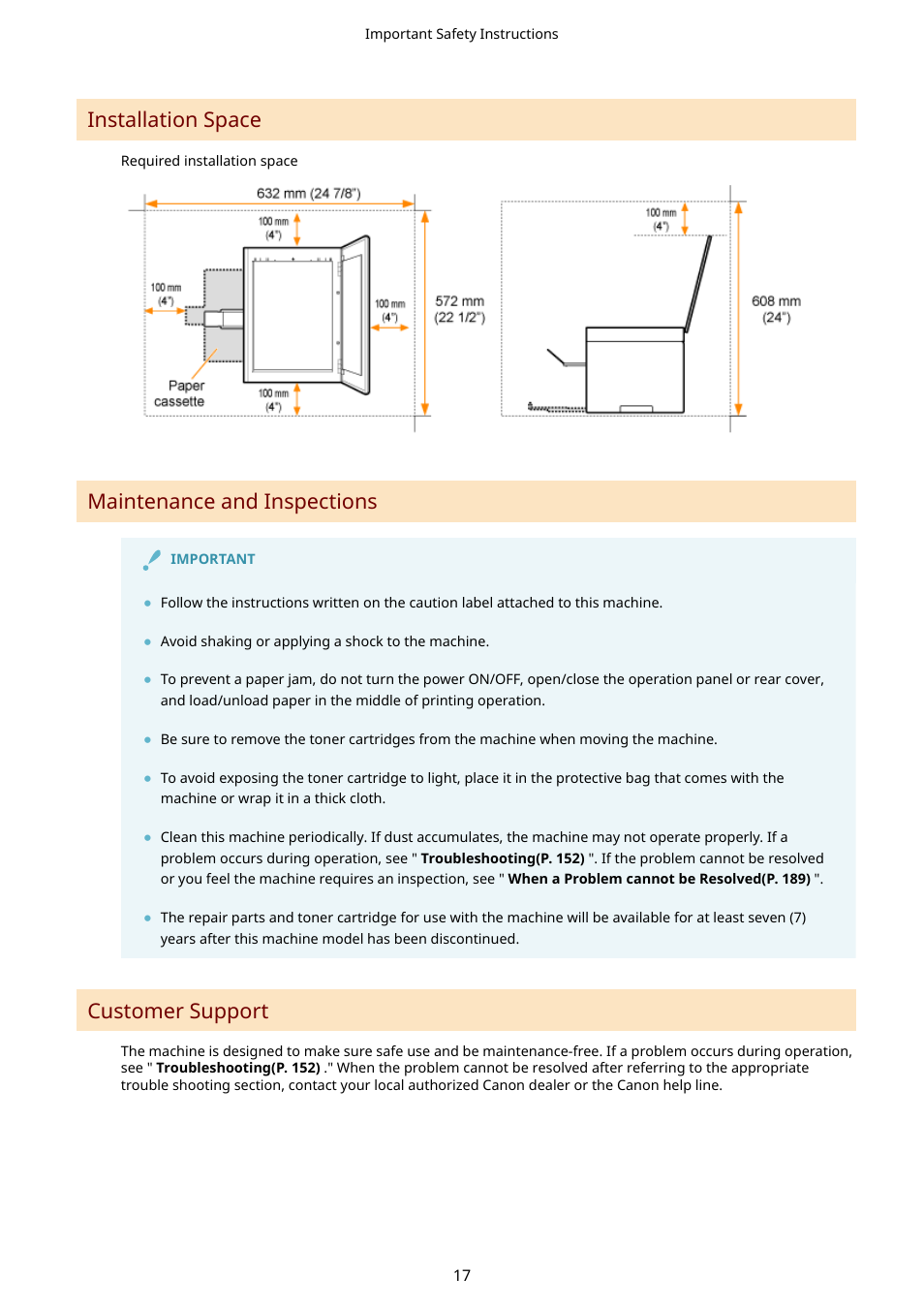 Installation space, Maintenance and inspections, Customer support | Canon imageCLASS MF3010 VP Multifunction Monochrome Laser Printer User Manual | Page 22 / 247