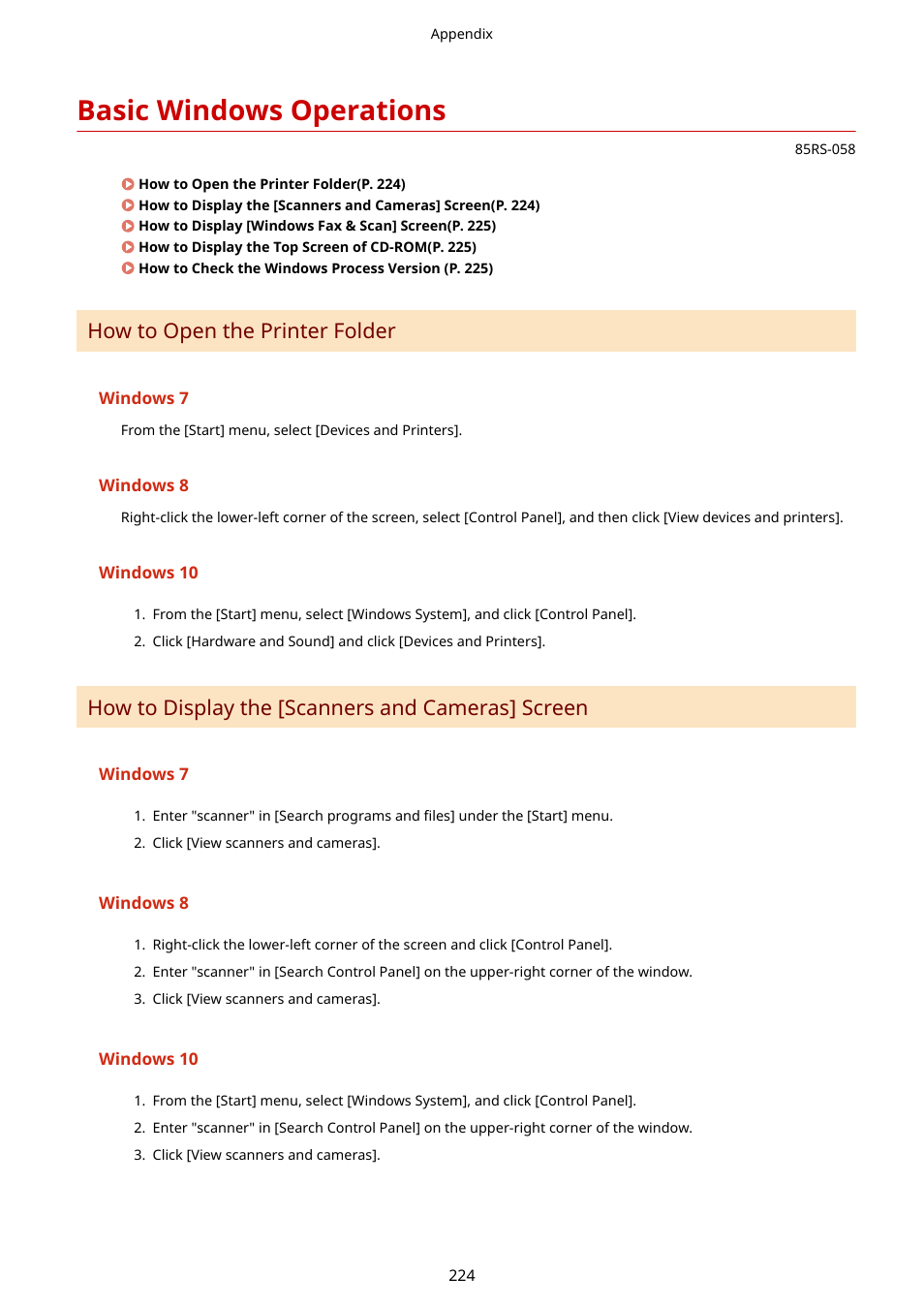 Basic windows operations, Basic windows operations(p. 224), Basic windows | Operations(p. 224), How to open the printer folder, How to display the [scanners and cameras] screen | Canon imageCLASS MF3010 VP Multifunction Monochrome Laser Printer User Manual | Page 229 / 247