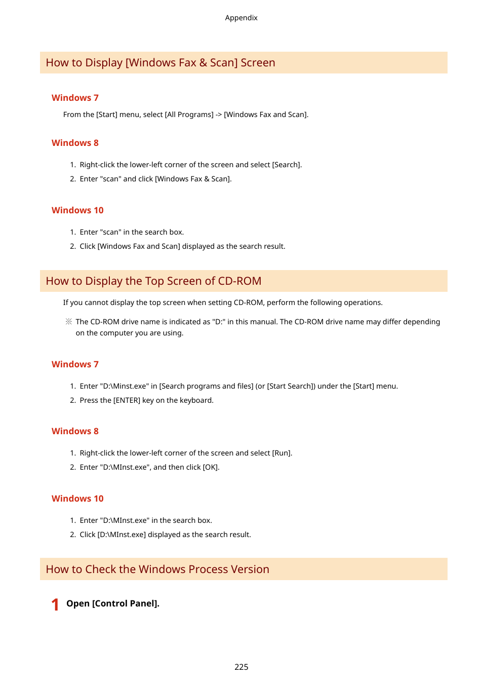 How to display [windows fax & scan] screen, How to display the top screen of cd-rom, How to check the windows process version | Canon imageCLASS MF3010 VP Multifunction Monochrome Laser Printer User Manual | Page 230 / 247