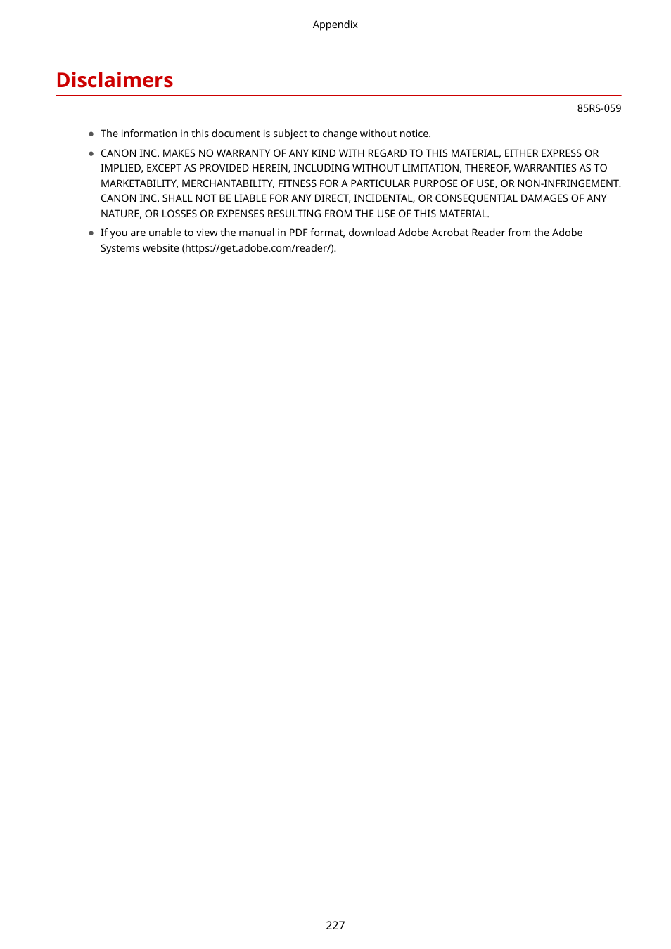 Disclaimers, Disclaimers(p. 227) | Canon imageCLASS MF3010 VP Multifunction Monochrome Laser Printer User Manual | Page 232 / 247