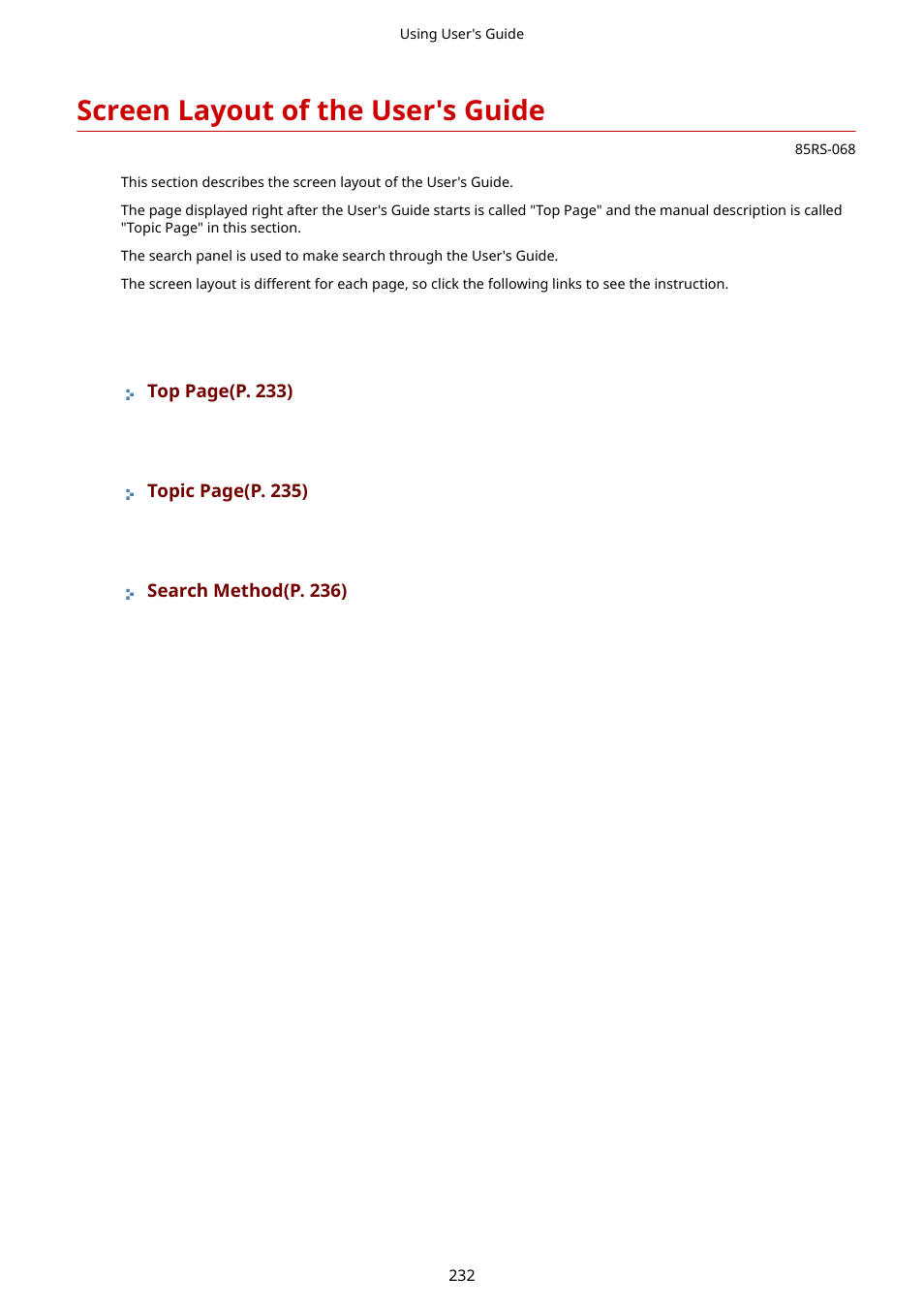 Screen layout of the user's guide | Canon imageCLASS MF3010 VP Multifunction Monochrome Laser Printer User Manual | Page 237 / 247