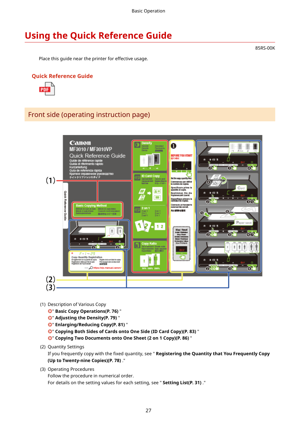 Using the quick reference guide, Front side (operating instruction page) | Canon imageCLASS MF3010 VP Multifunction Monochrome Laser Printer User Manual | Page 32 / 247