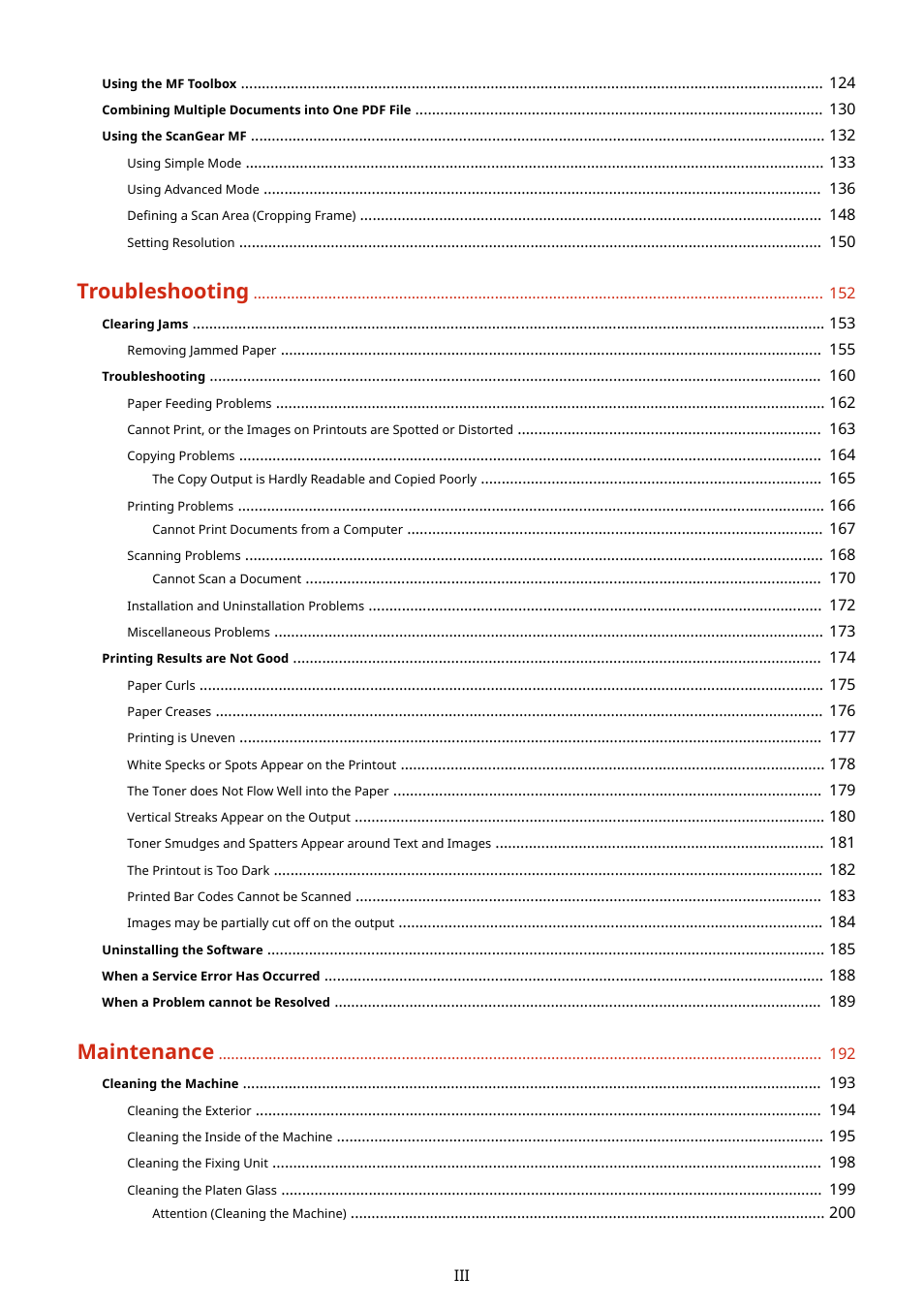 Troubleshooting, Maintenance | Canon imageCLASS MF3010 VP Multifunction Monochrome Laser Printer User Manual | Page 4 / 247