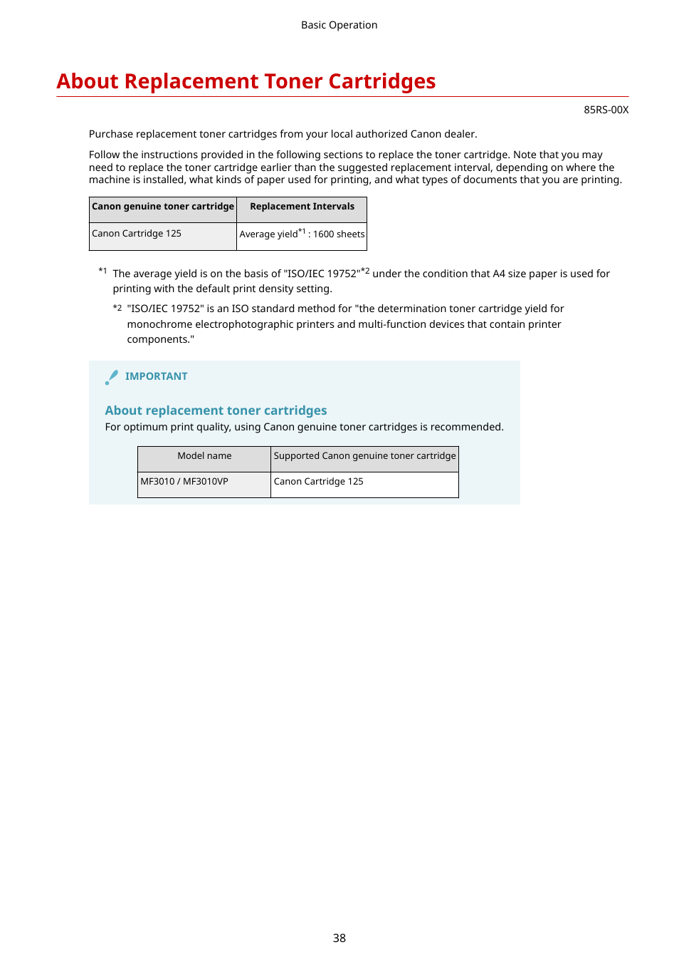 About replacement toner cartridges, About replacement toner cartridges(p. 38) | Canon imageCLASS MF3010 VP Multifunction Monochrome Laser Printer User Manual | Page 43 / 247