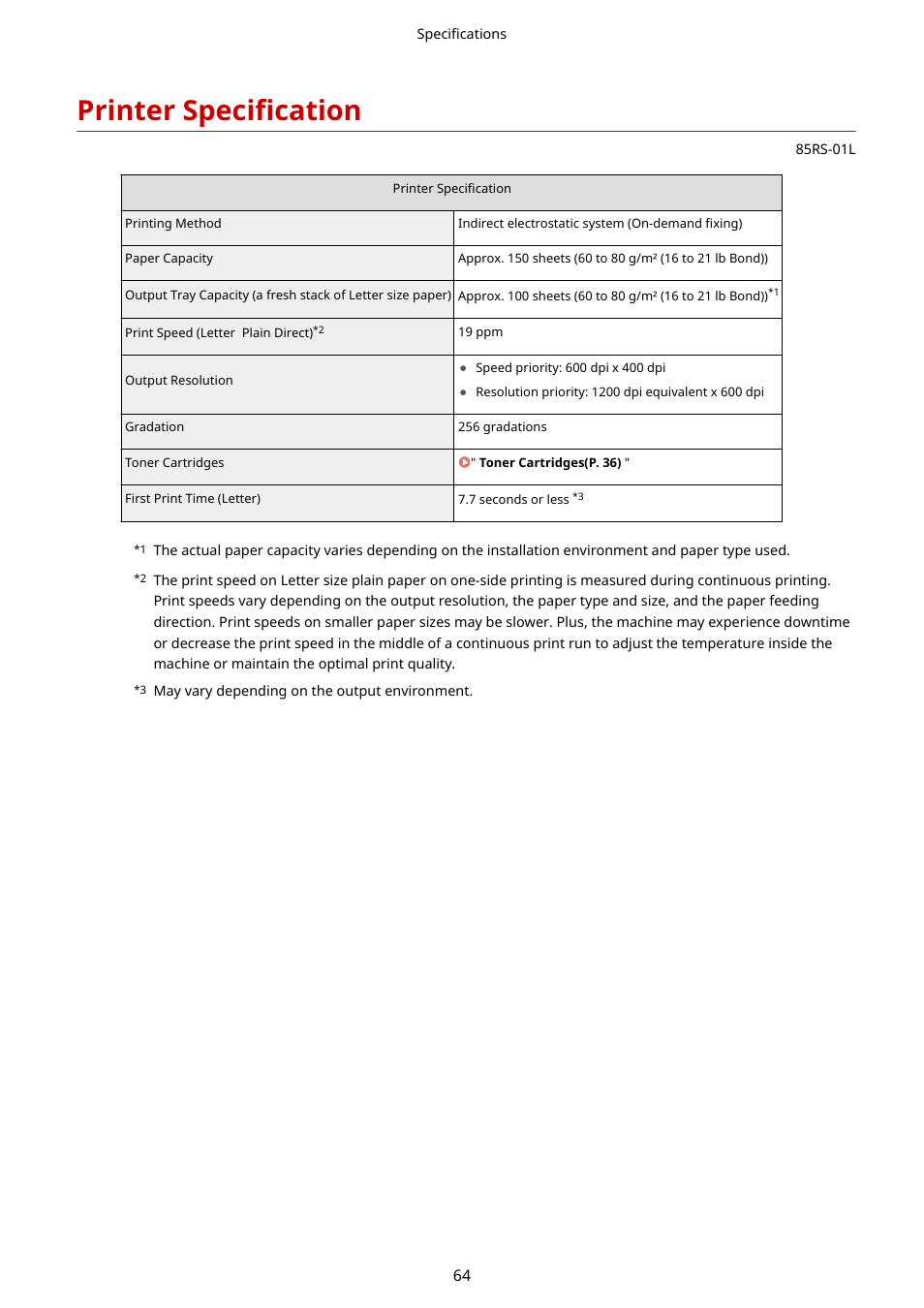 Printer specification | Canon imageCLASS MF3010 VP Multifunction Monochrome Laser Printer User Manual | Page 69 / 247