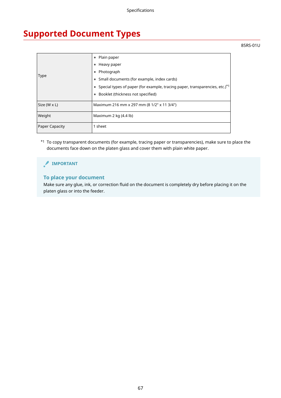 Supported document types, Supported document types(p. 67) | Canon imageCLASS MF3010 VP Multifunction Monochrome Laser Printer User Manual | Page 72 / 247