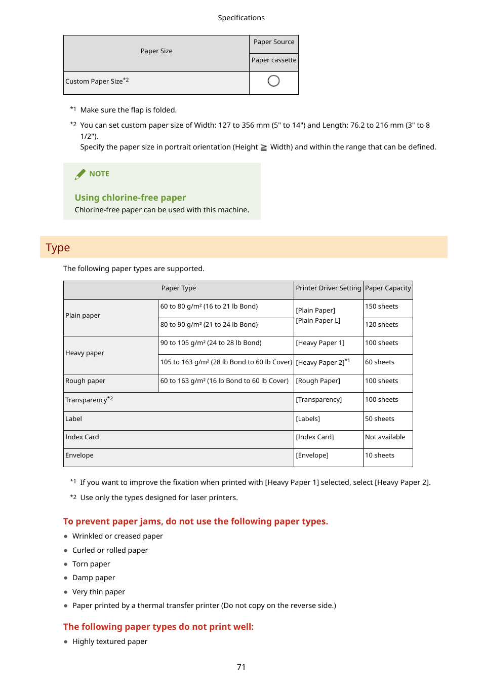 Type, Using chlorine-free paper, The following paper types do not print well | Canon imageCLASS MF3010 VP Multifunction Monochrome Laser Printer User Manual | Page 76 / 247