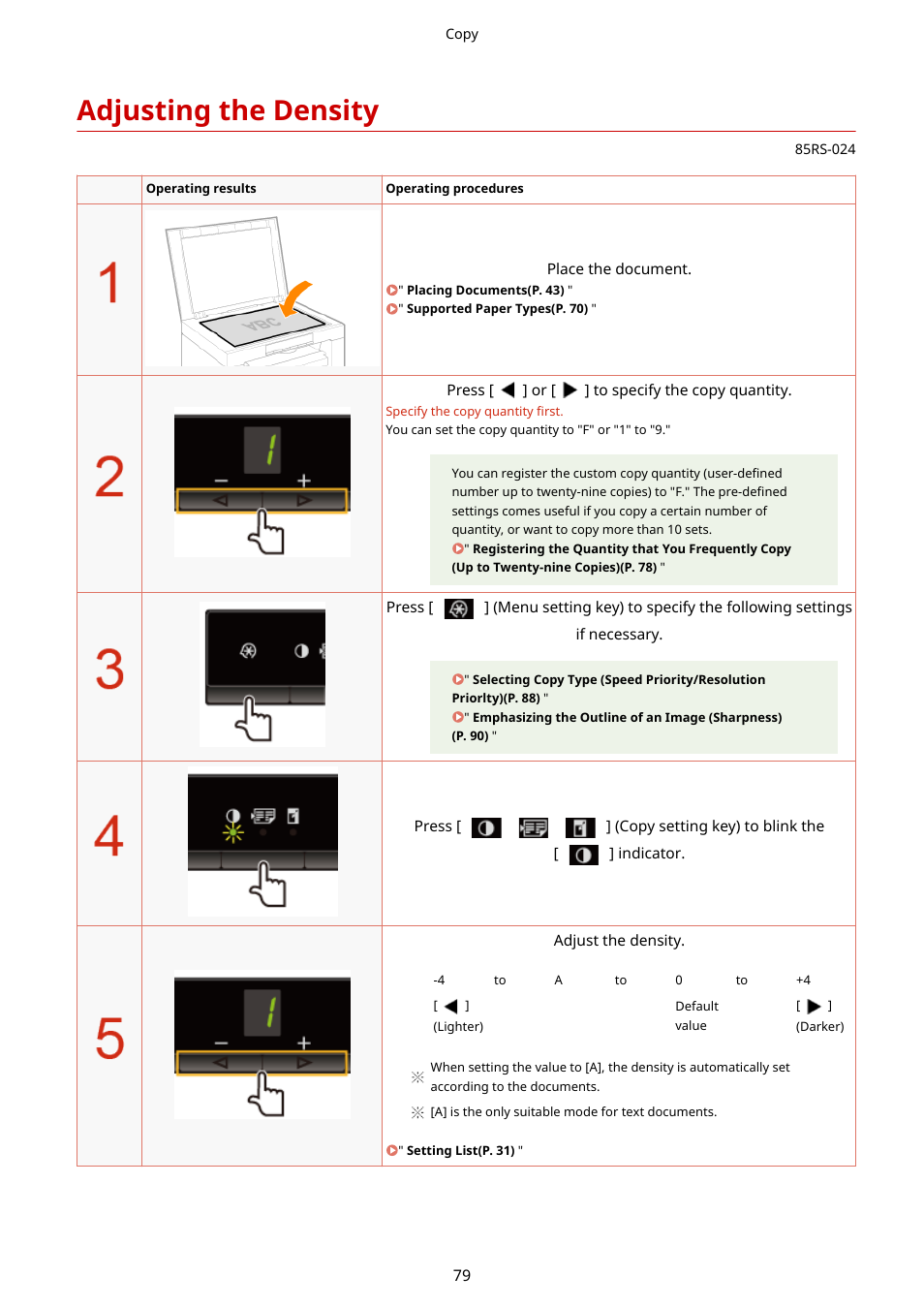 Adjusting the density, Adjusting the density(p. 79) | Canon imageCLASS MF3010 VP Multifunction Monochrome Laser Printer User Manual | Page 84 / 247