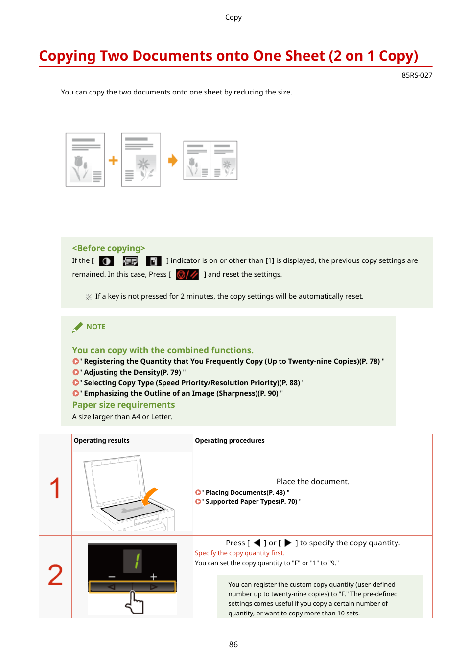 Copying two documents onto one sheet (2 on 1 copy), Copying two documents onto, One sheet (2 on 1 copy)(p. 86) | Copying, Two documents onto one sheet (2 on 1 copy) (p. 86) | Canon imageCLASS MF3010 VP Multifunction Monochrome Laser Printer User Manual | Page 91 / 247