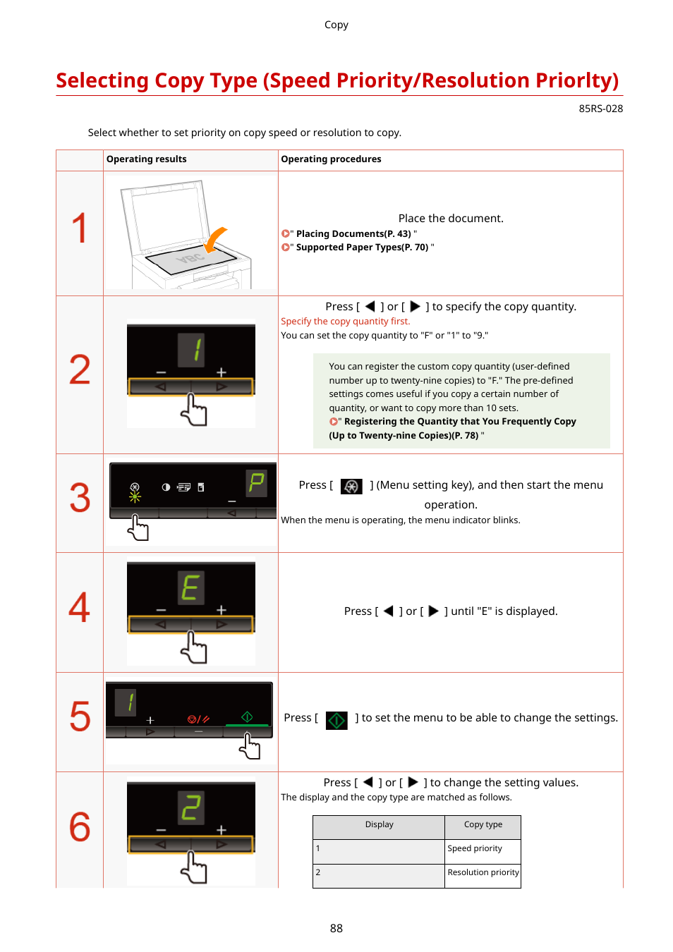 Selecting copy type (speed priority, Resolution priorlty)(p. 88), Selecting copy type (speed priority/resolution | Priorlty)(p. 88) | Canon imageCLASS MF3010 VP Multifunction Monochrome Laser Printer User Manual | Page 93 / 247
