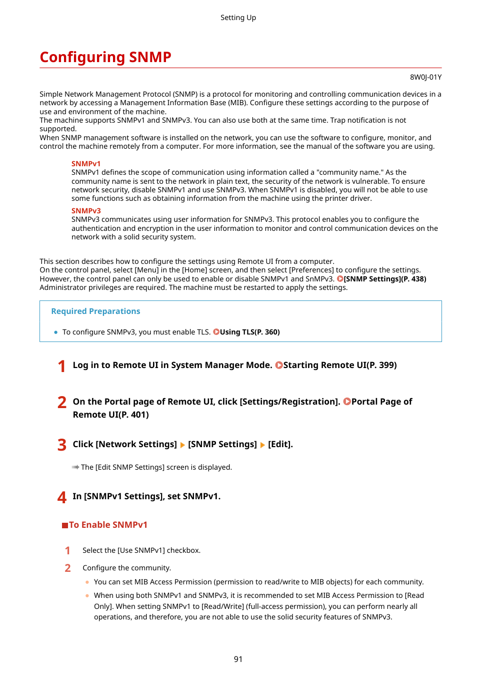 Configuring snmp, Configuring snmp(p. 91) | Canon imageCLASS MF264dw II Multifunction Monochrome Laser Printer User Manual | Page 100 / 700