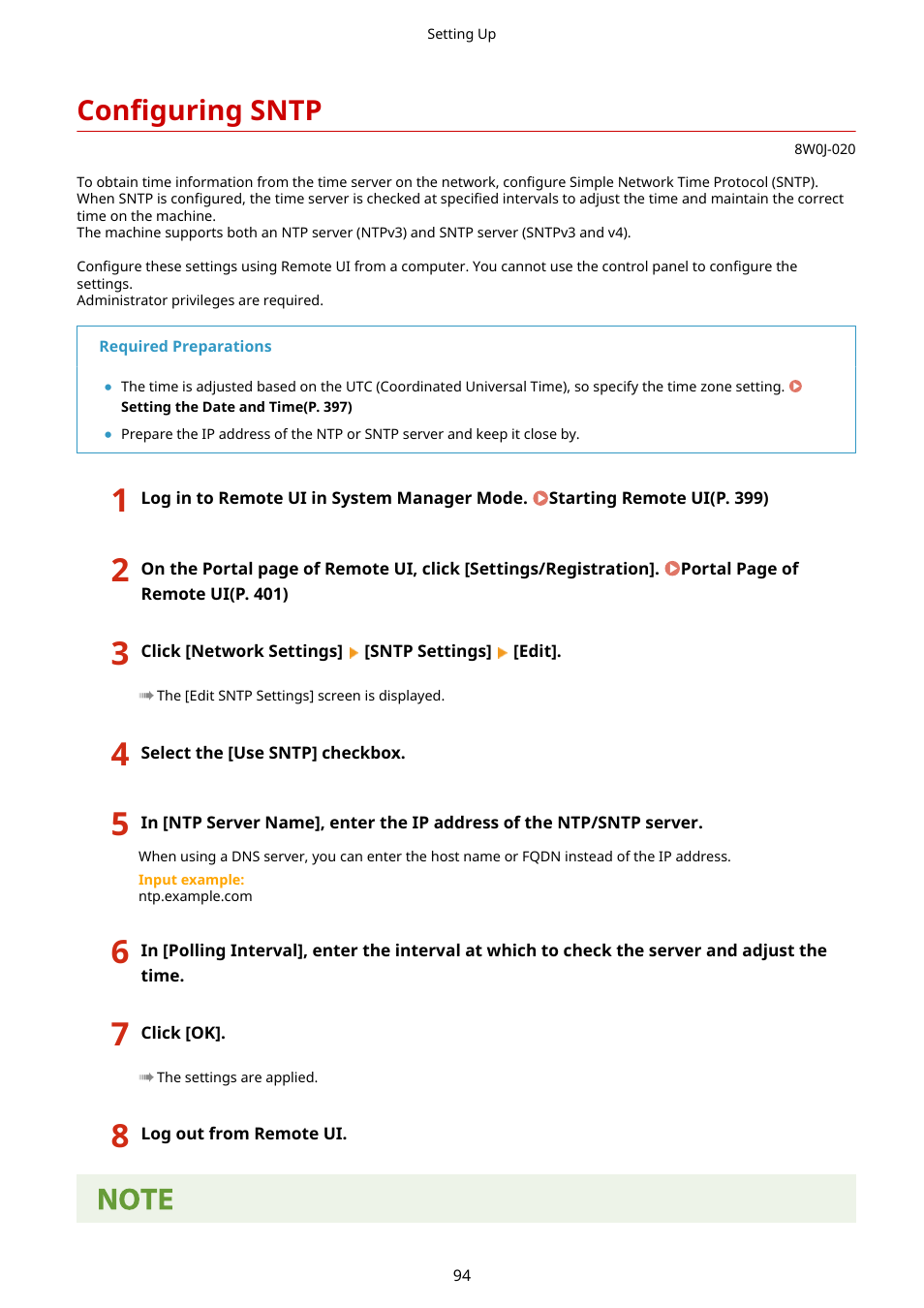 Configuring sntp, Configuring sntp(p. 94) | Canon imageCLASS MF264dw II Multifunction Monochrome Laser Printer User Manual | Page 103 / 700