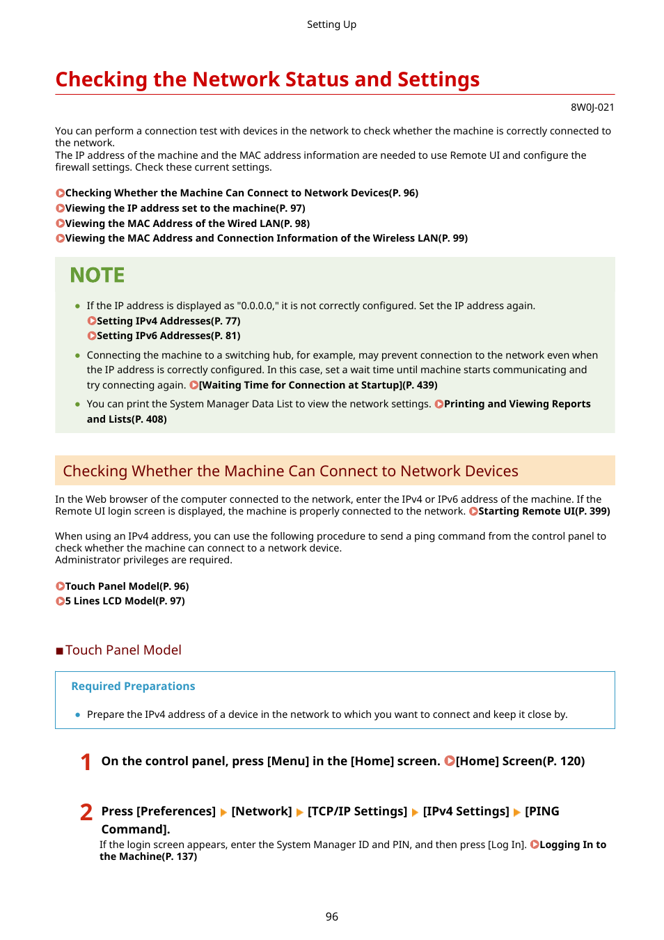 Checking the network status and settings, Checking the network status and settings(p. 96) | Canon imageCLASS MF264dw II Multifunction Monochrome Laser Printer User Manual | Page 105 / 700
