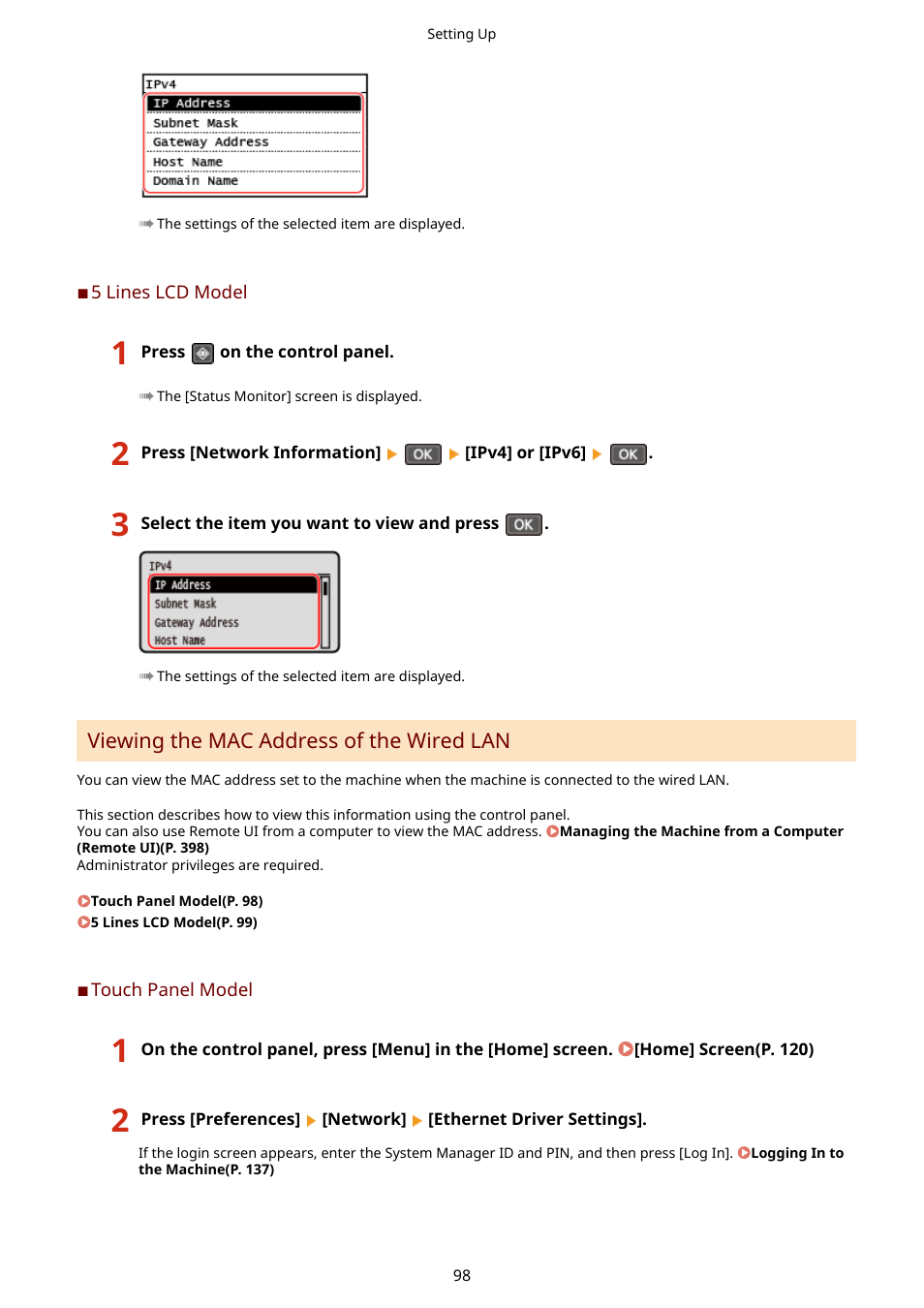 Viewing the mac address of the wired lan(p. 98), 5 lines lcd model(p. 98) | Canon imageCLASS MF264dw II Multifunction Monochrome Laser Printer User Manual | Page 107 / 700