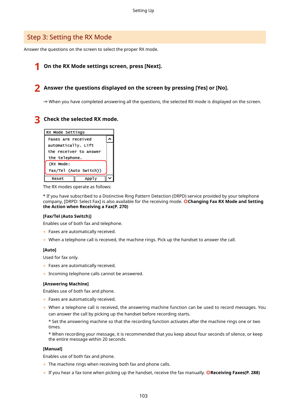Step 3: setting the rx mode(p. 103), Step 3: setting the rx mode | Canon imageCLASS MF264dw II Multifunction Monochrome Laser Printer User Manual | Page 112 / 700
