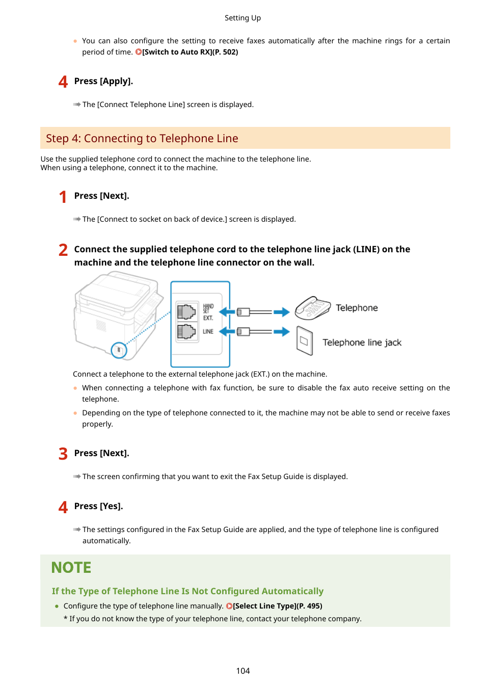 Step 4: connecting to telephone line(p. 104) | Canon imageCLASS MF264dw II Multifunction Monochrome Laser Printer User Manual | Page 113 / 700