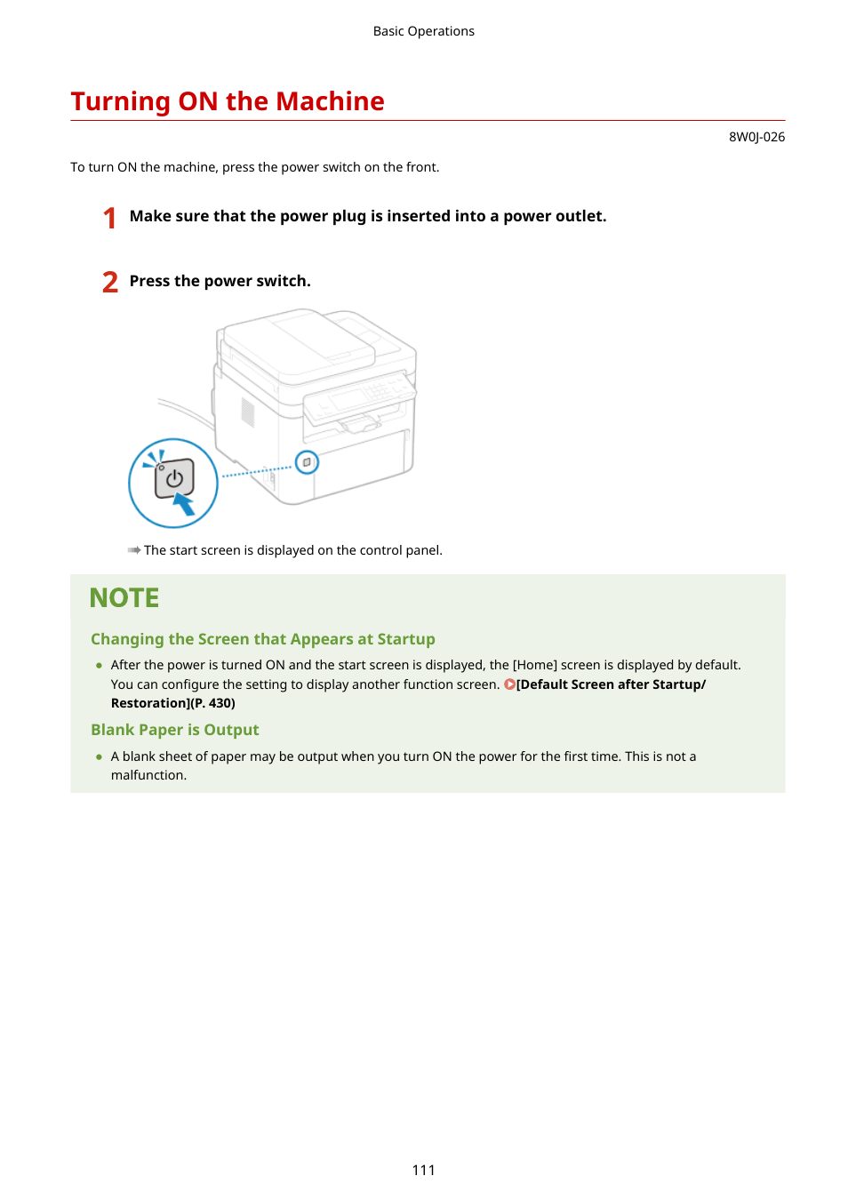 Turning on the machine | Canon imageCLASS MF264dw II Multifunction Monochrome Laser Printer User Manual | Page 120 / 700