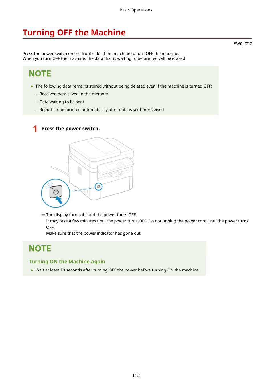 Turning off the machine | Canon imageCLASS MF264dw II Multifunction Monochrome Laser Printer User Manual | Page 121 / 700