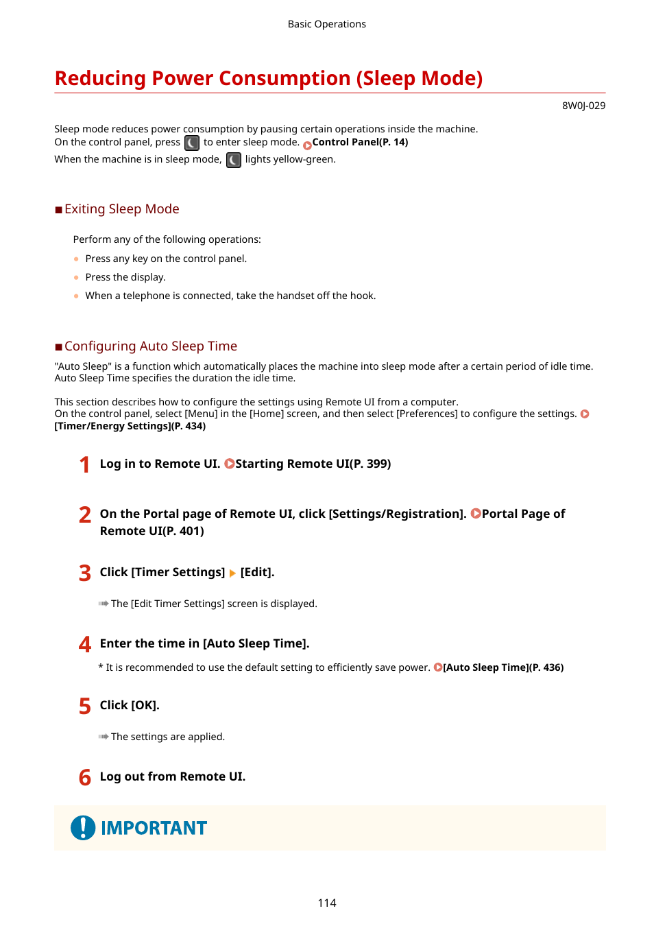 Reducing power consumption (sleep mode), Reducing power consumption (sleep mode)(p. 114) | Canon imageCLASS MF264dw II Multifunction Monochrome Laser Printer User Manual | Page 123 / 700