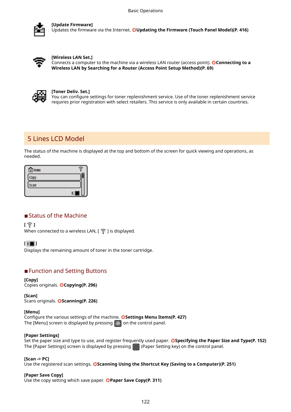 5 lines lcd model(p. 122), 5 lines lcd model | Canon imageCLASS MF264dw II Multifunction Monochrome Laser Printer User Manual | Page 131 / 700
