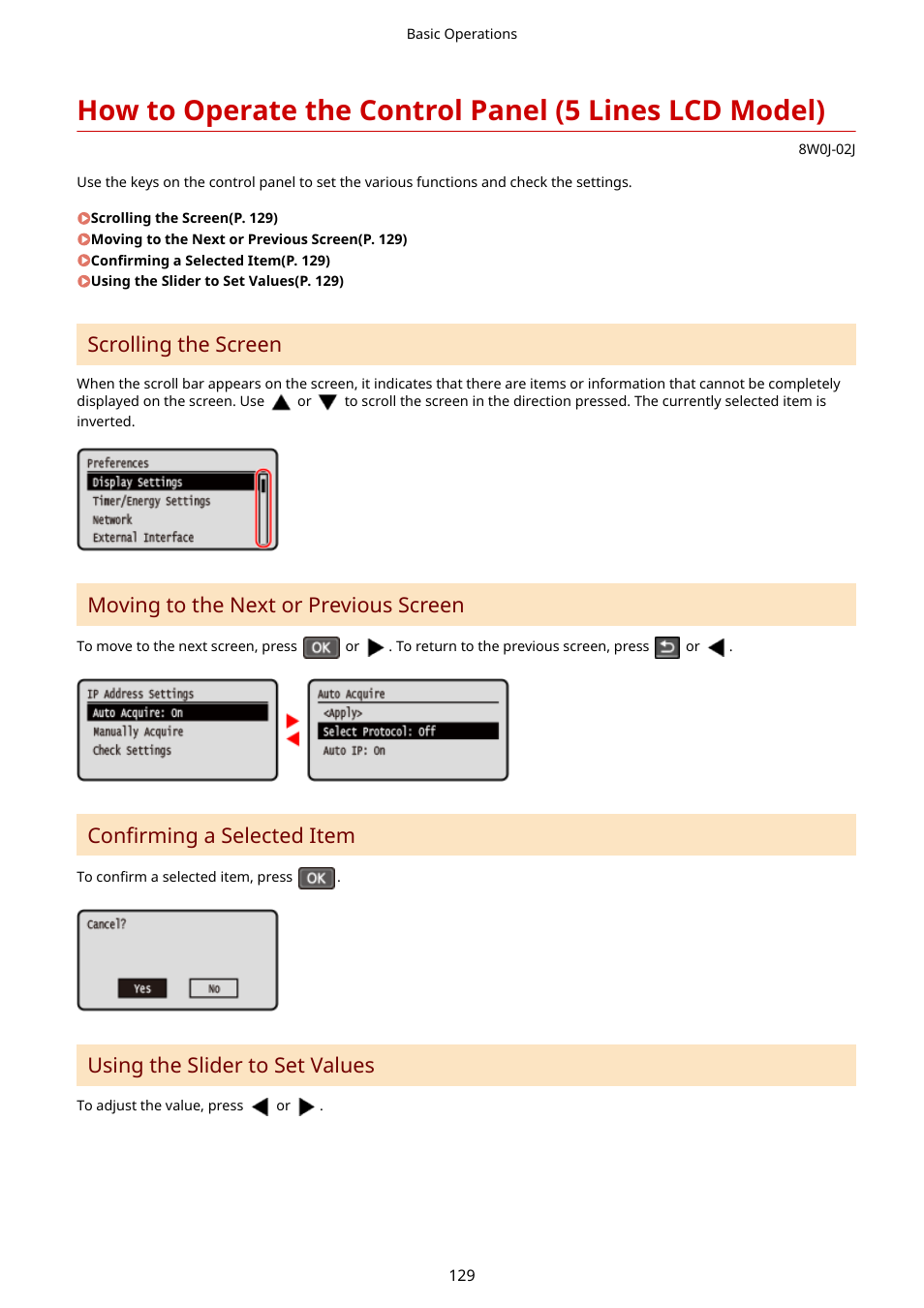 Scrolling the screen, Moving to the next or previous screen, Confirming a selected item | Using the slider to set values | Canon imageCLASS MF264dw II Multifunction Monochrome Laser Printer User Manual | Page 138 / 700