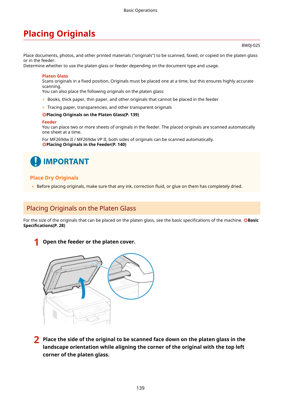 Placing originals, Placing originals(p. 139), Placing originals on the platen glass | Canon imageCLASS MF264dw II Multifunction Monochrome Laser Printer User Manual | Page 148 / 700