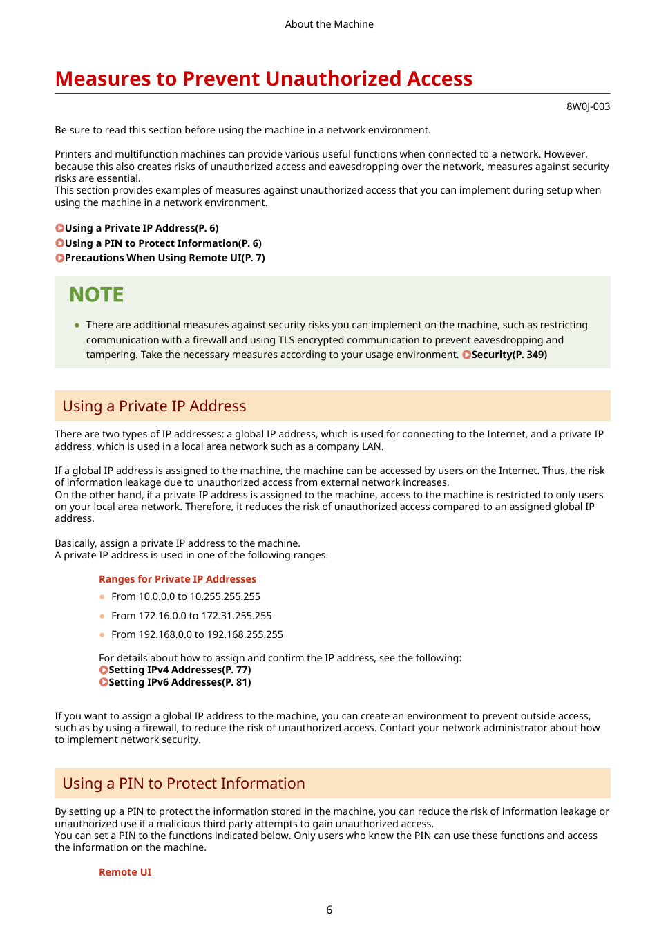 Measures to prevent unauthorized access, Measures to prevent unauthorized access(p. 6), Using a private ip address | Using a pin to protect information | Canon imageCLASS MF264dw II Multifunction Monochrome Laser Printer User Manual | Page 15 / 700