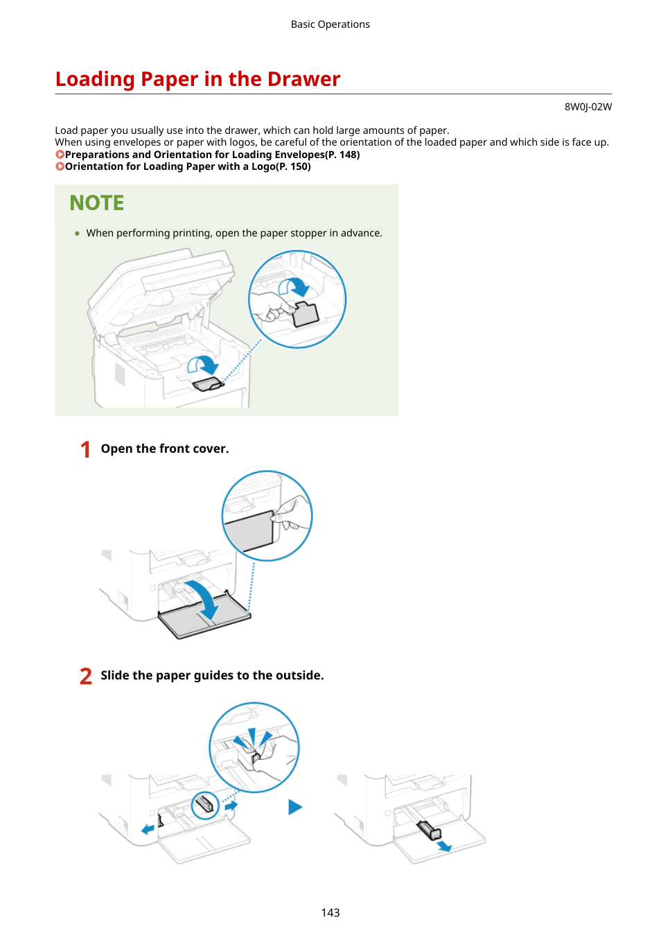 Loading paper in the drawer, Loading paper in the drawer(p. 143) | Canon imageCLASS MF264dw II Multifunction Monochrome Laser Printer User Manual | Page 152 / 700