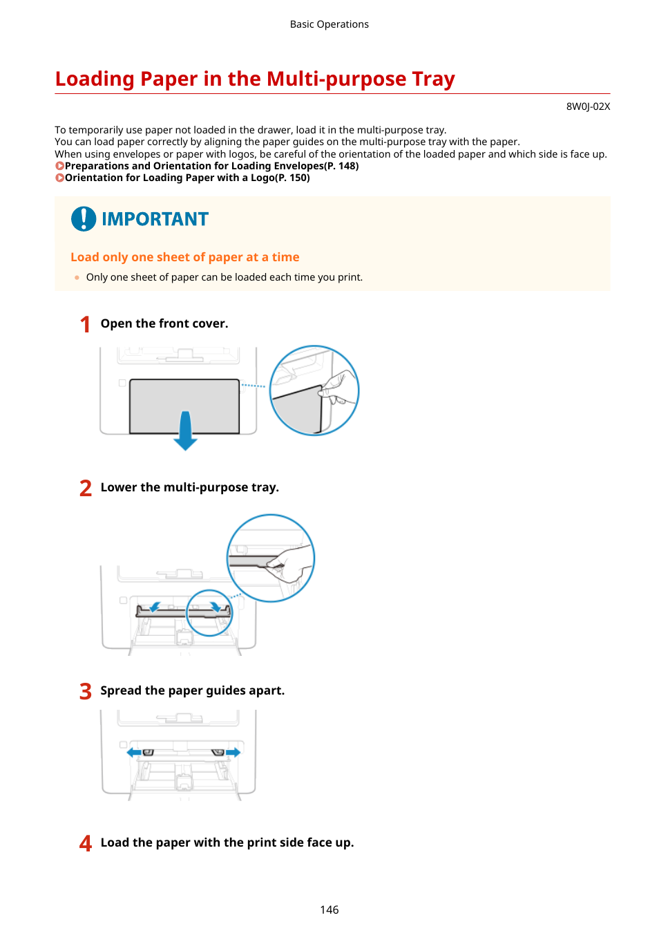 Loading paper in the multi-purpose tray, Loading paper in the multi-purpose tray(p. 146) | Canon imageCLASS MF264dw II Multifunction Monochrome Laser Printer User Manual | Page 155 / 700