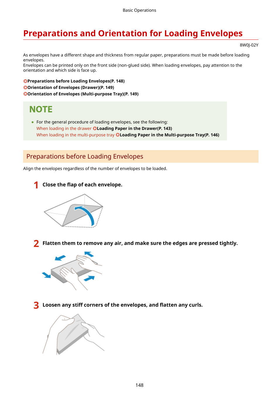 Preparations and orientation for loading envelopes | Canon imageCLASS MF264dw II Multifunction Monochrome Laser Printer User Manual | Page 157 / 700