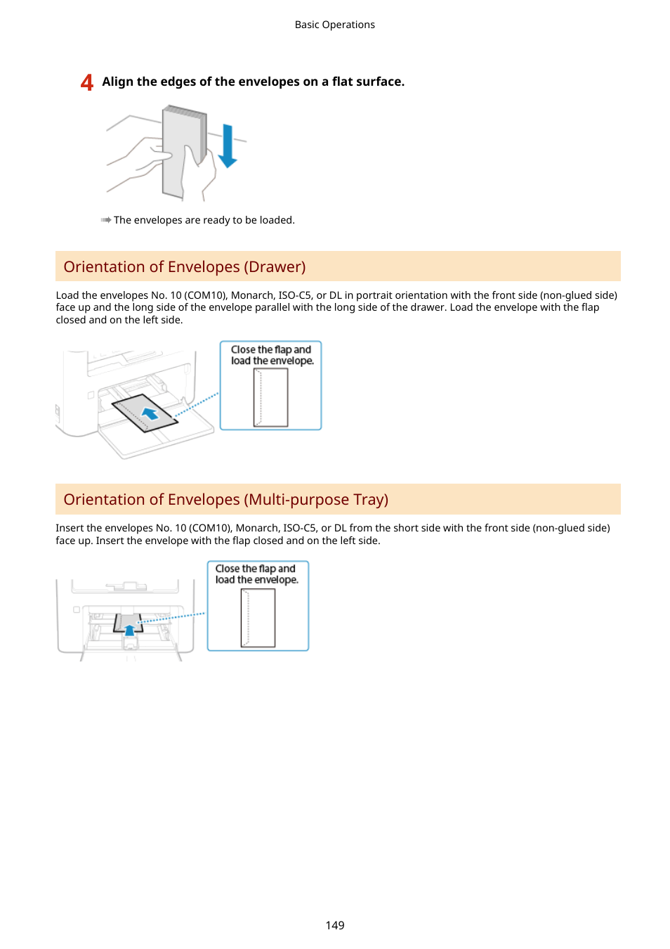 Orientation of envelopes (drawer), Orientation of envelopes (multi-purpose tray) | Canon imageCLASS MF264dw II Multifunction Monochrome Laser Printer User Manual | Page 158 / 700