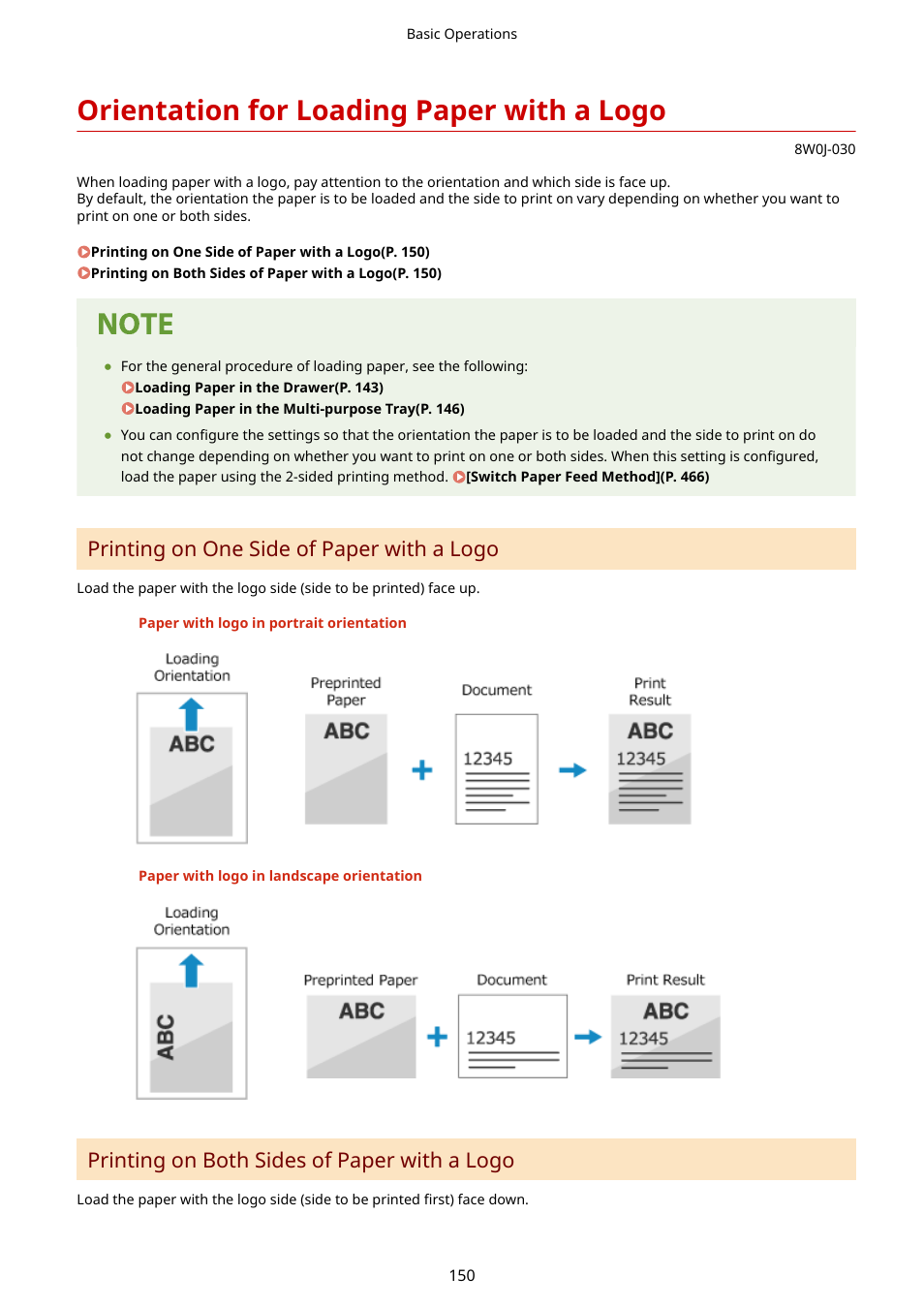 Orientation for loading paper with a logo, Orientation for loading paper with a logo(p. 150), Printing on one side of paper with a logo | Printing on both sides of paper with a logo | Canon imageCLASS MF264dw II Multifunction Monochrome Laser Printer User Manual | Page 159 / 700