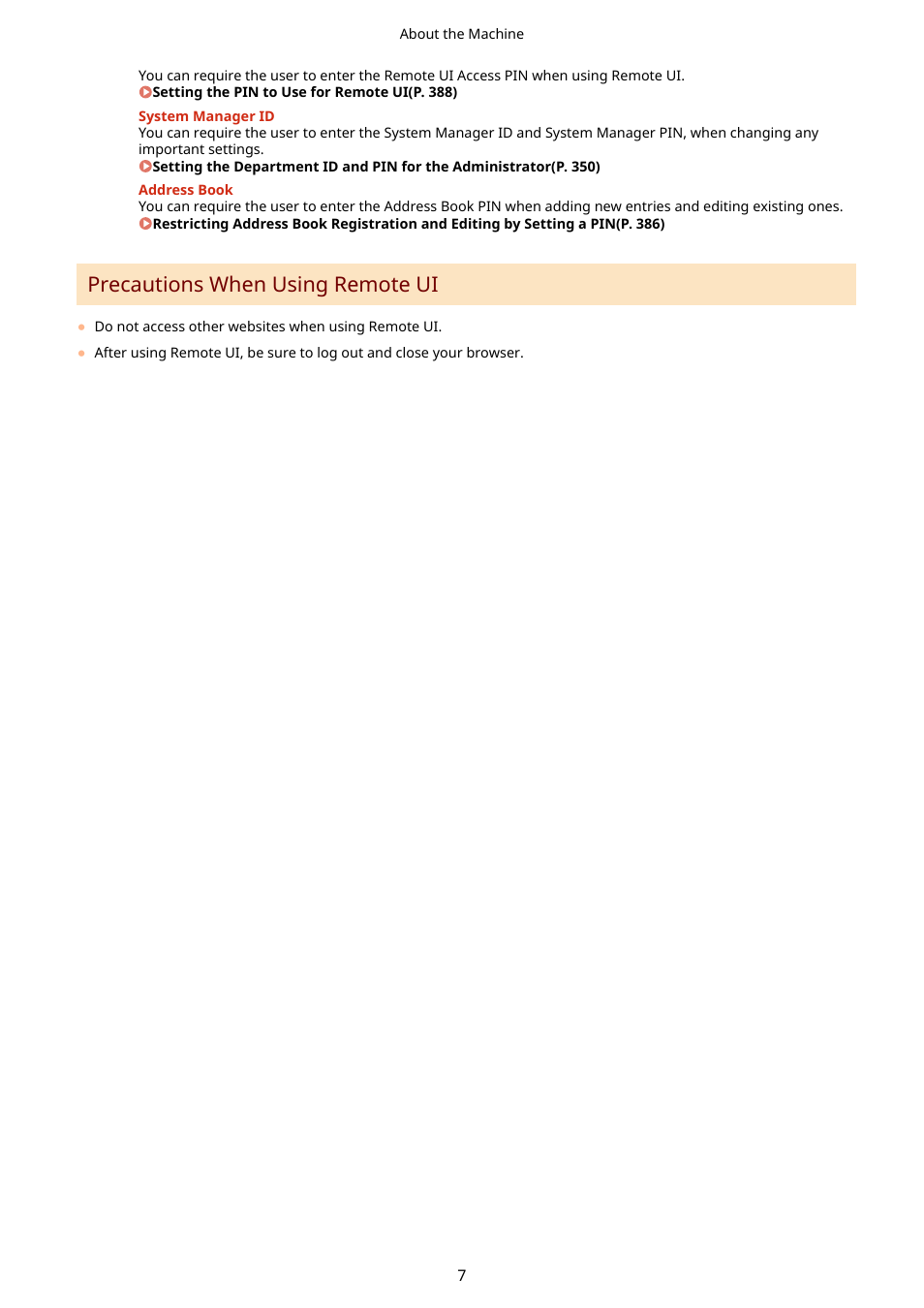 Precautions when using remote ui(p. 7), Precautions when using remote ui | Canon imageCLASS MF264dw II Multifunction Monochrome Laser Printer User Manual | Page 16 / 700