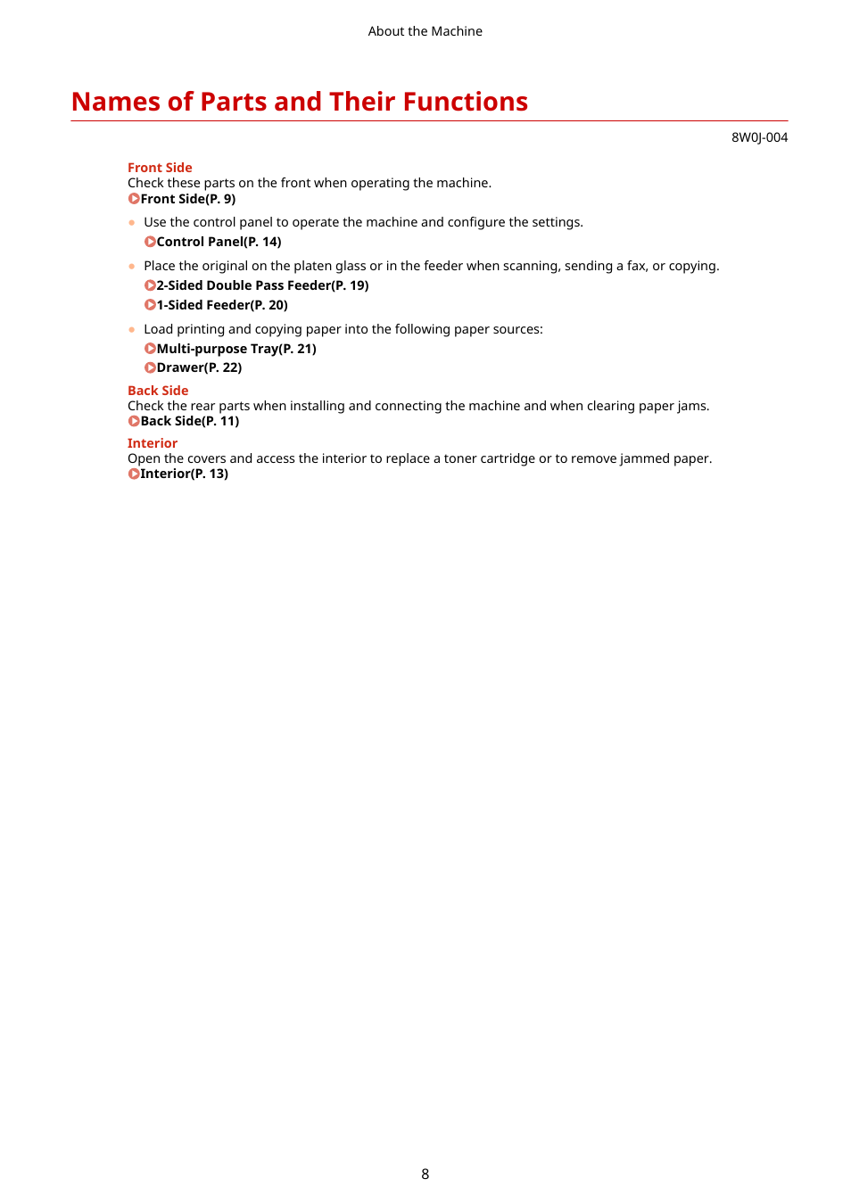 Names of parts and their functions, Names of parts and their functions(p. 8) | Canon imageCLASS MF264dw II Multifunction Monochrome Laser Printer User Manual | Page 17 / 700