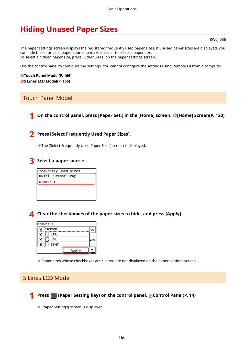 Hiding unused paper sizes, Hiding unused paper sizes(p. 166) | Canon imageCLASS MF264dw II Multifunction Monochrome Laser Printer User Manual | Page 175 / 700
