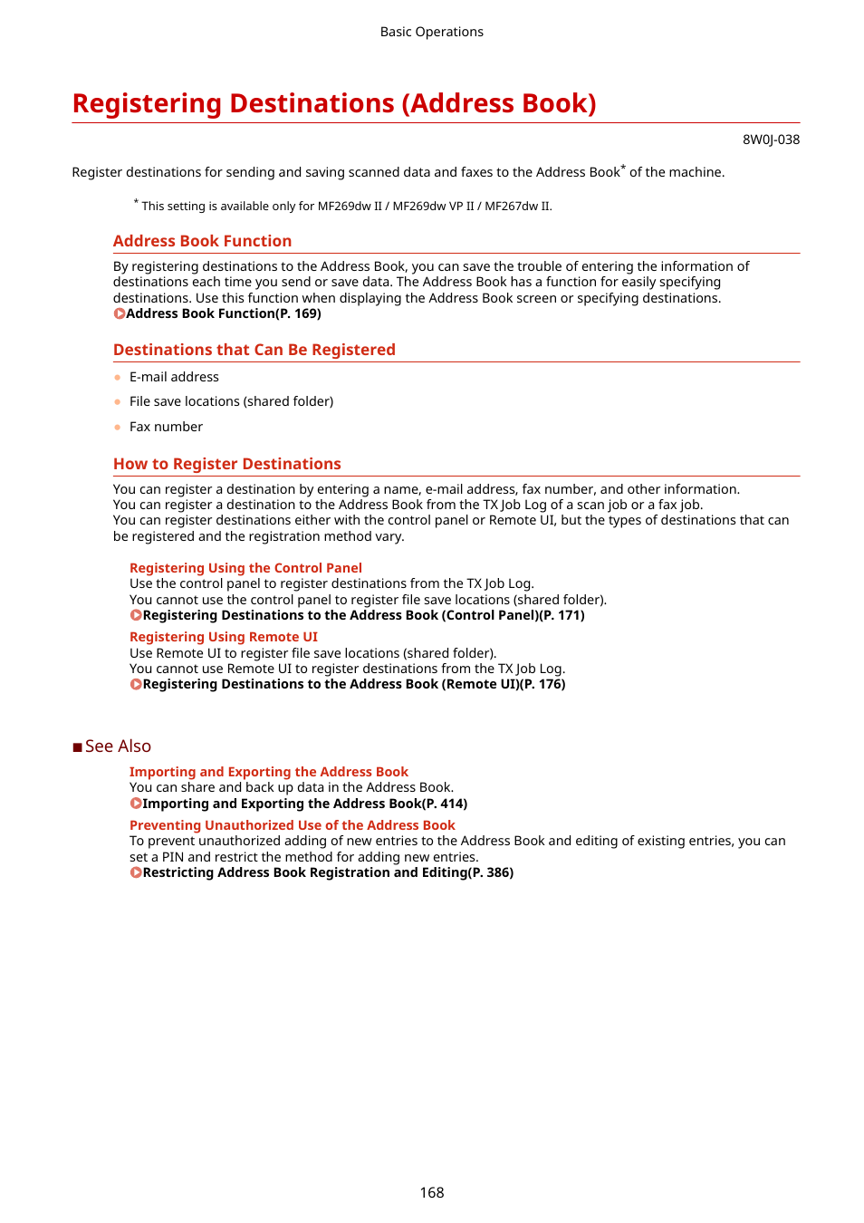 Registering destinations (address book), Registering destinations (address book)(p. 168) | Canon imageCLASS MF264dw II Multifunction Monochrome Laser Printer User Manual | Page 177 / 700