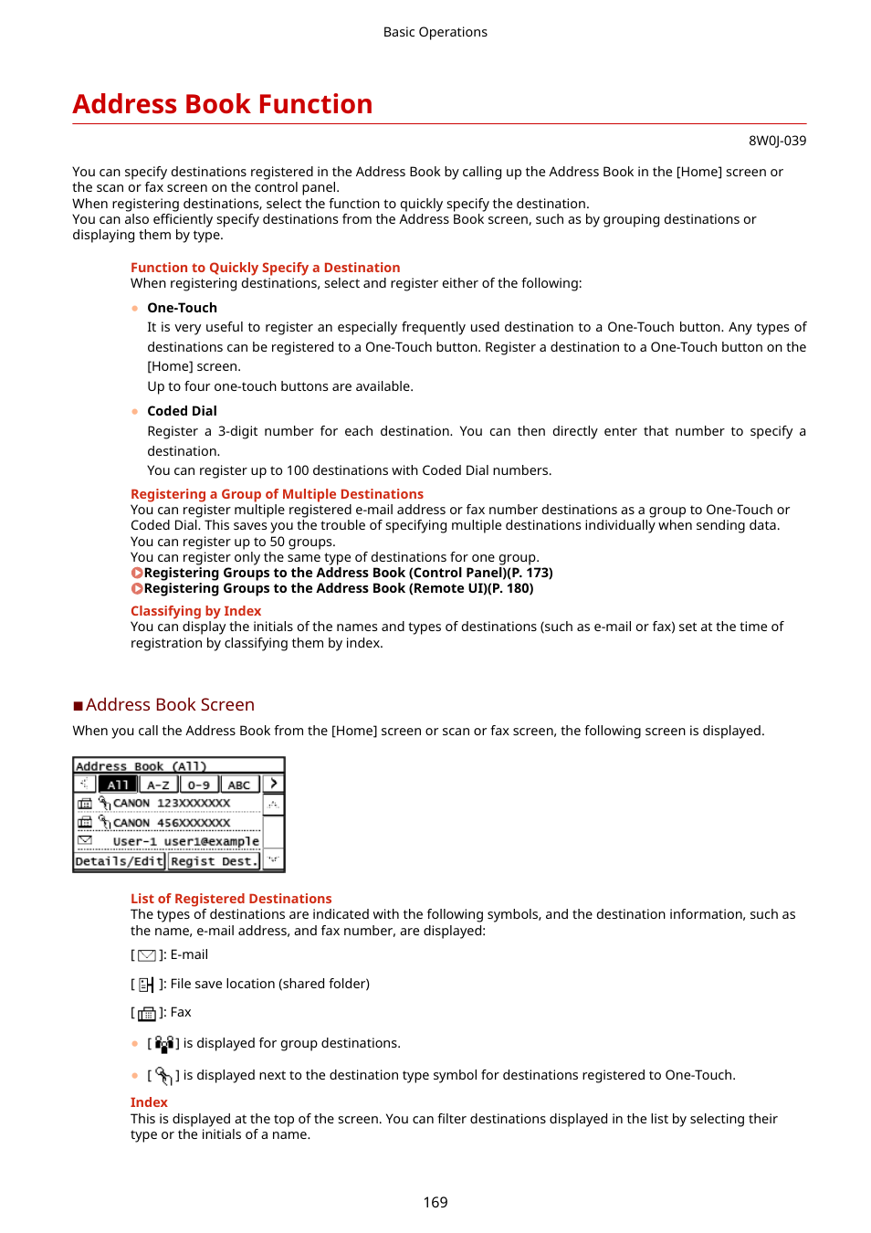 Address book function, Address book function(p. 169) | Canon imageCLASS MF264dw II Multifunction Monochrome Laser Printer User Manual | Page 178 / 700